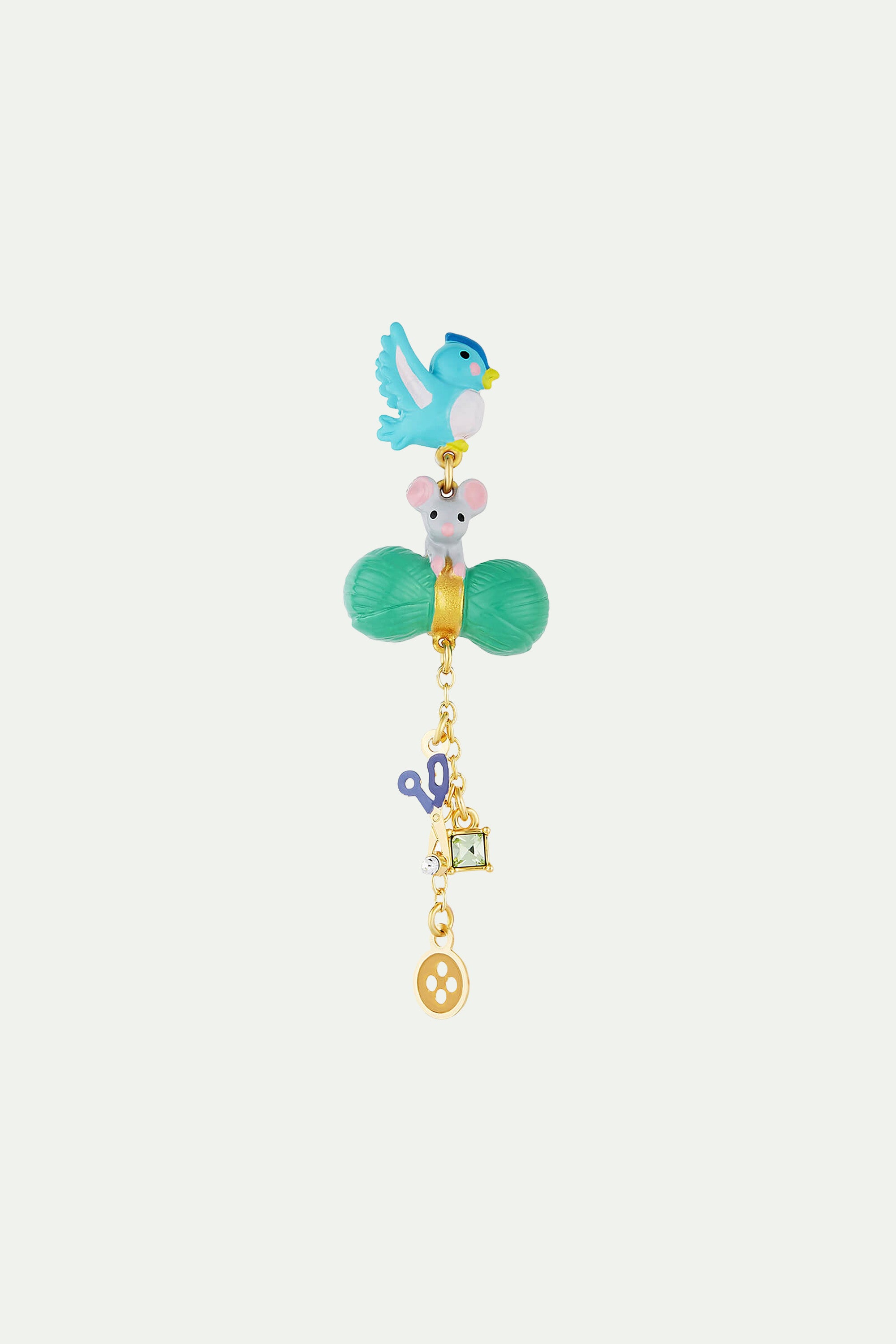 Pendientes bolitas Pájaro, Ratón, Lana, Tijeras, Botón, Bobina de hilo y Cristal tallado