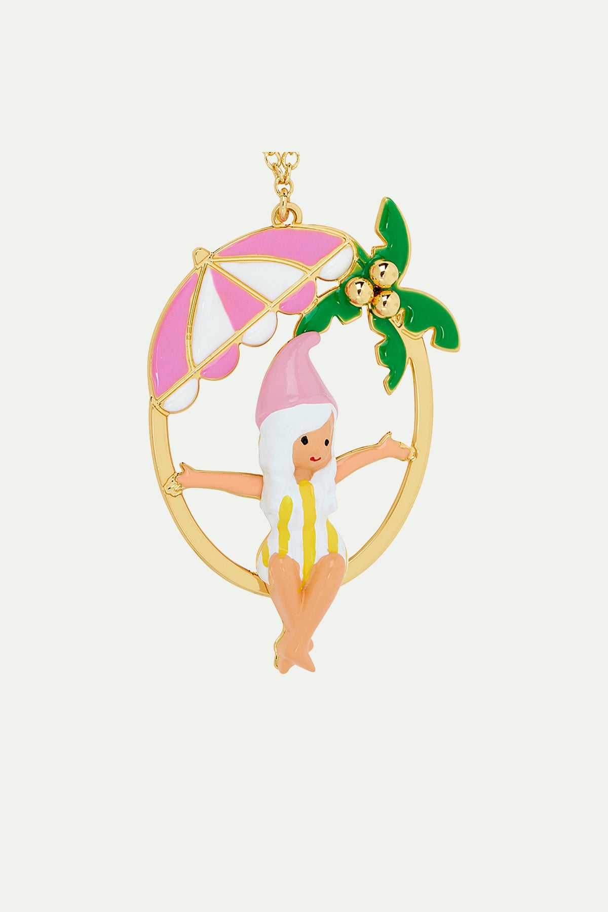 Collier pendentif naine, parasol et palmier