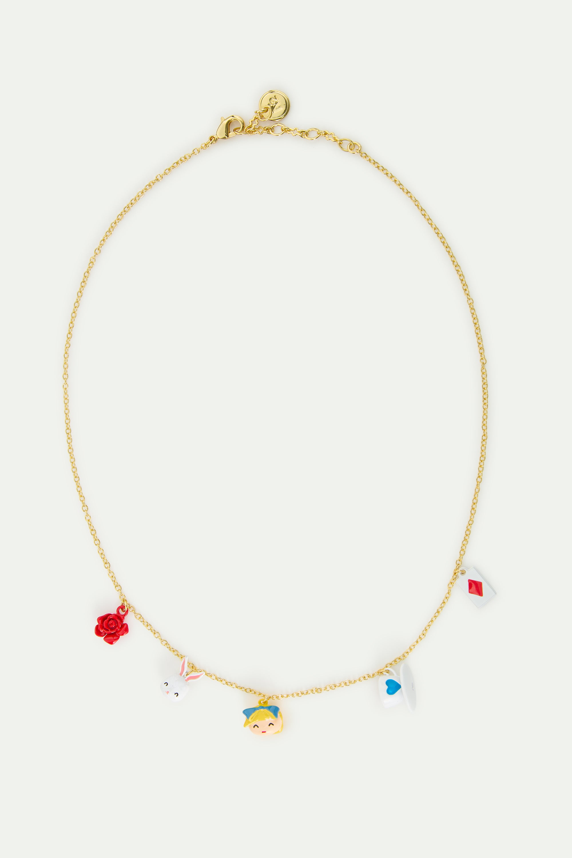 Collier pendentif Alice au pays des Merveilles, lapin, rose, tasse et carte