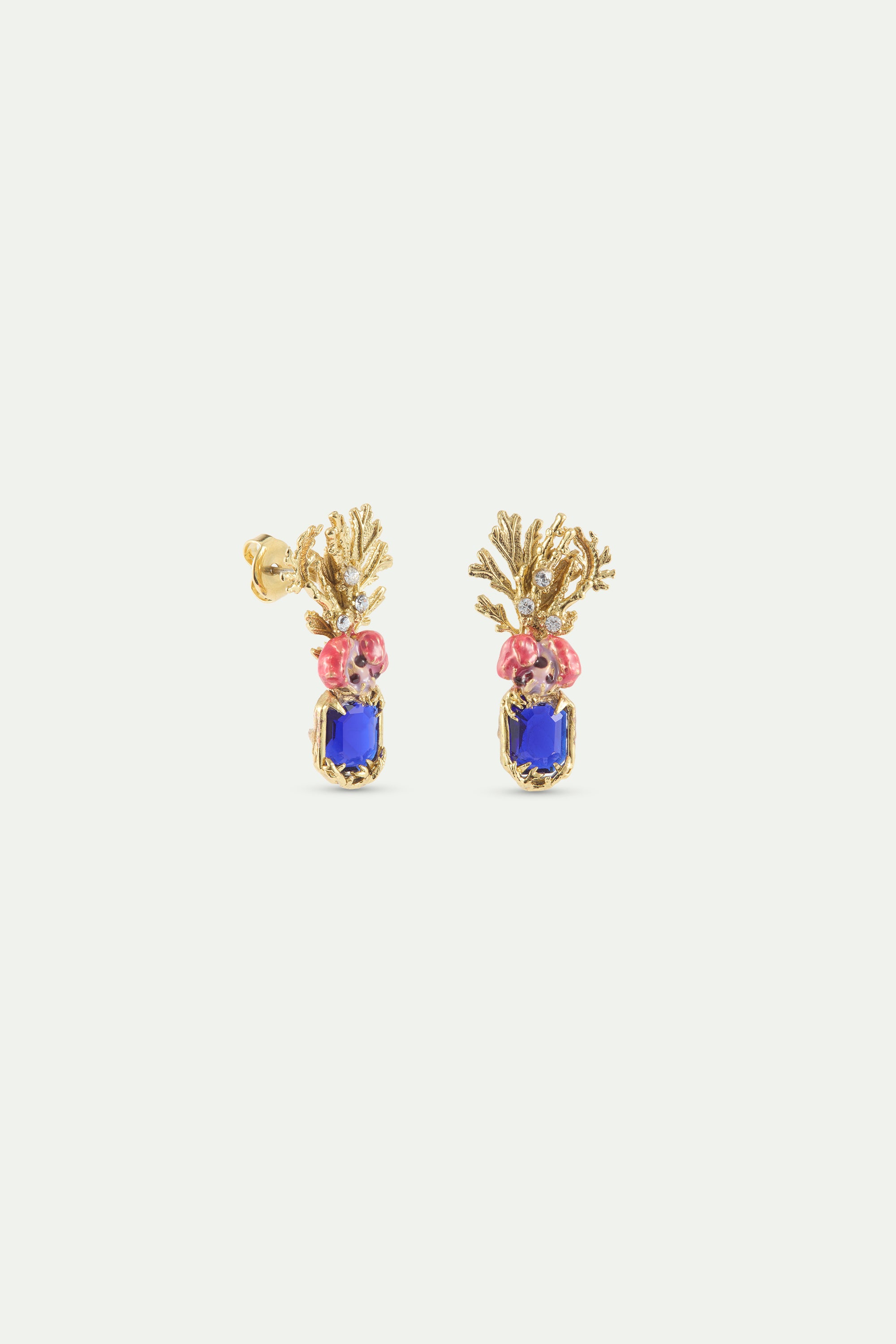 Boucles d'oreilles coraux pierre facettée bleue, fleur rose et coraux dorés