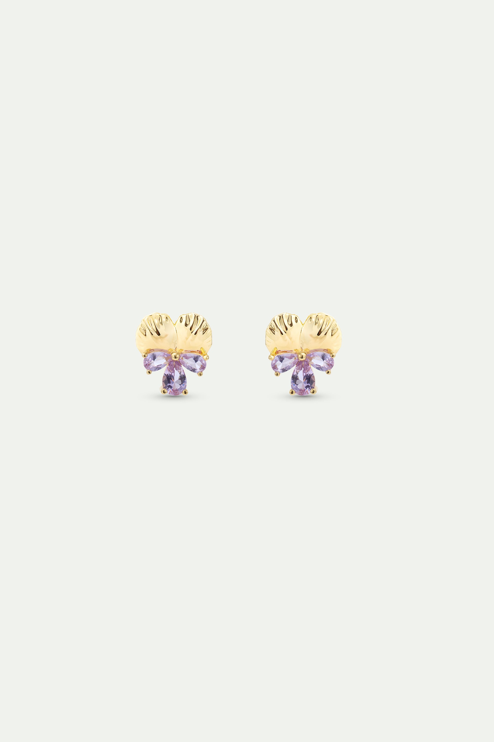 Gold post earrings with pansies and pink stones