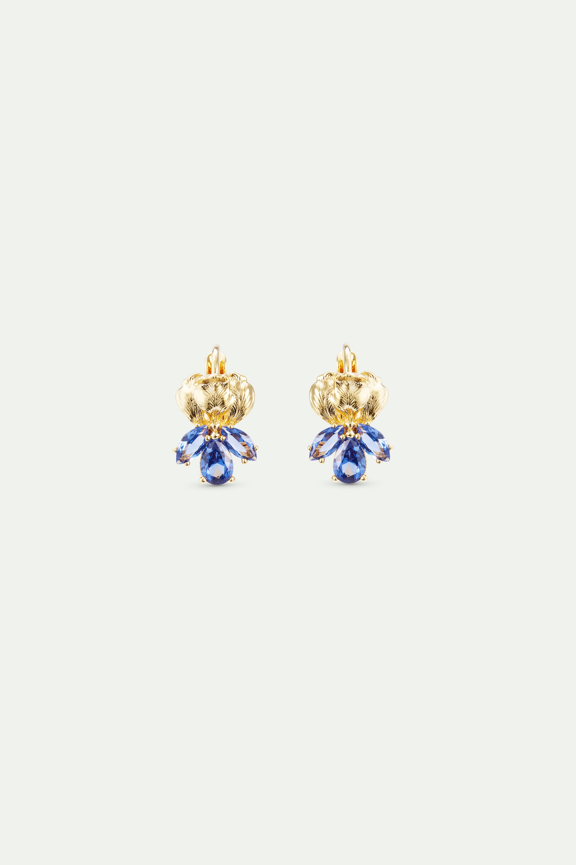 Boucles d'oreilles dormeuses dorées iris et pierres bleues