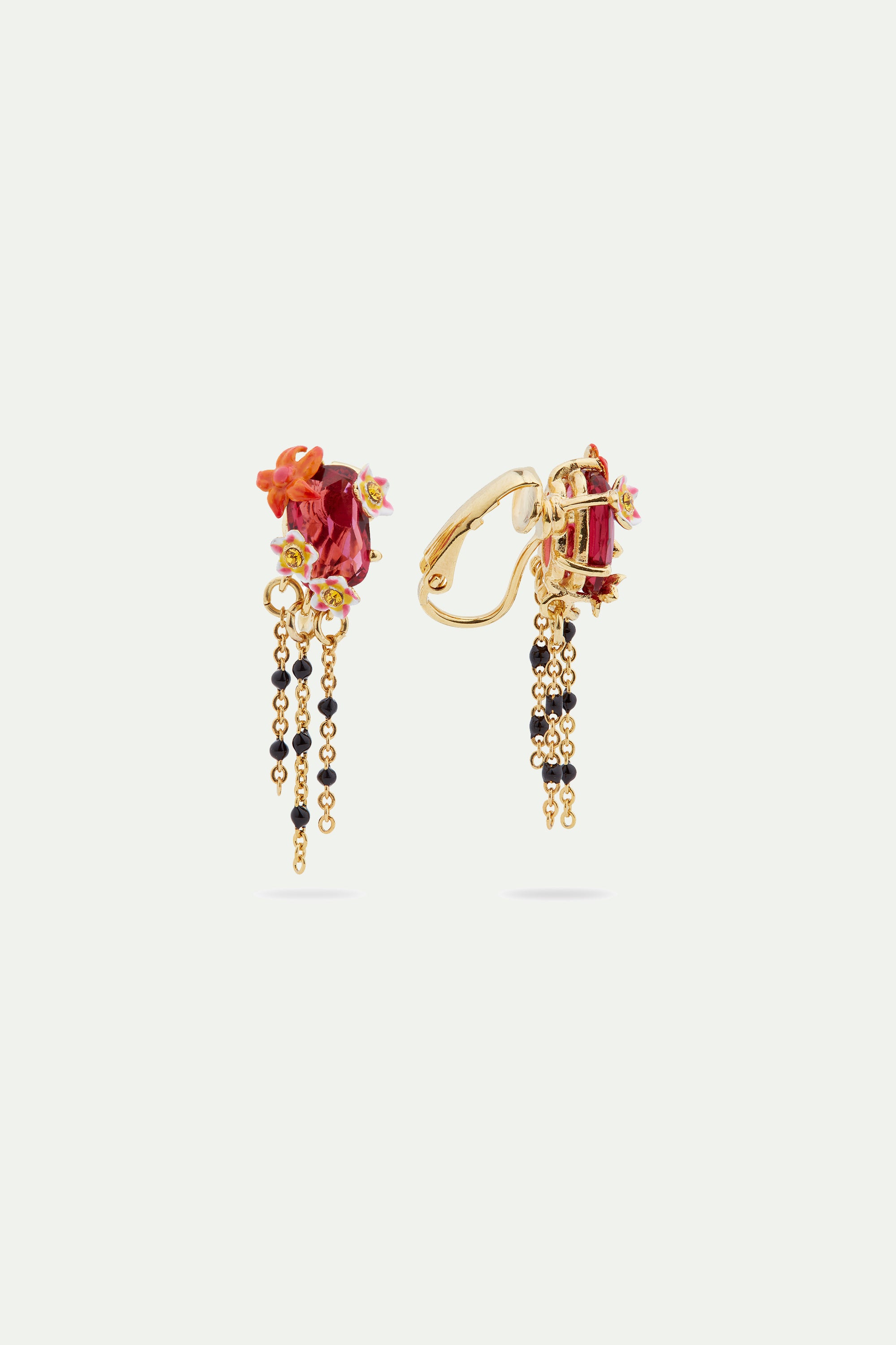 Boucles d'oreilles tiges pendantes cristal facetté et fleurs exotiques