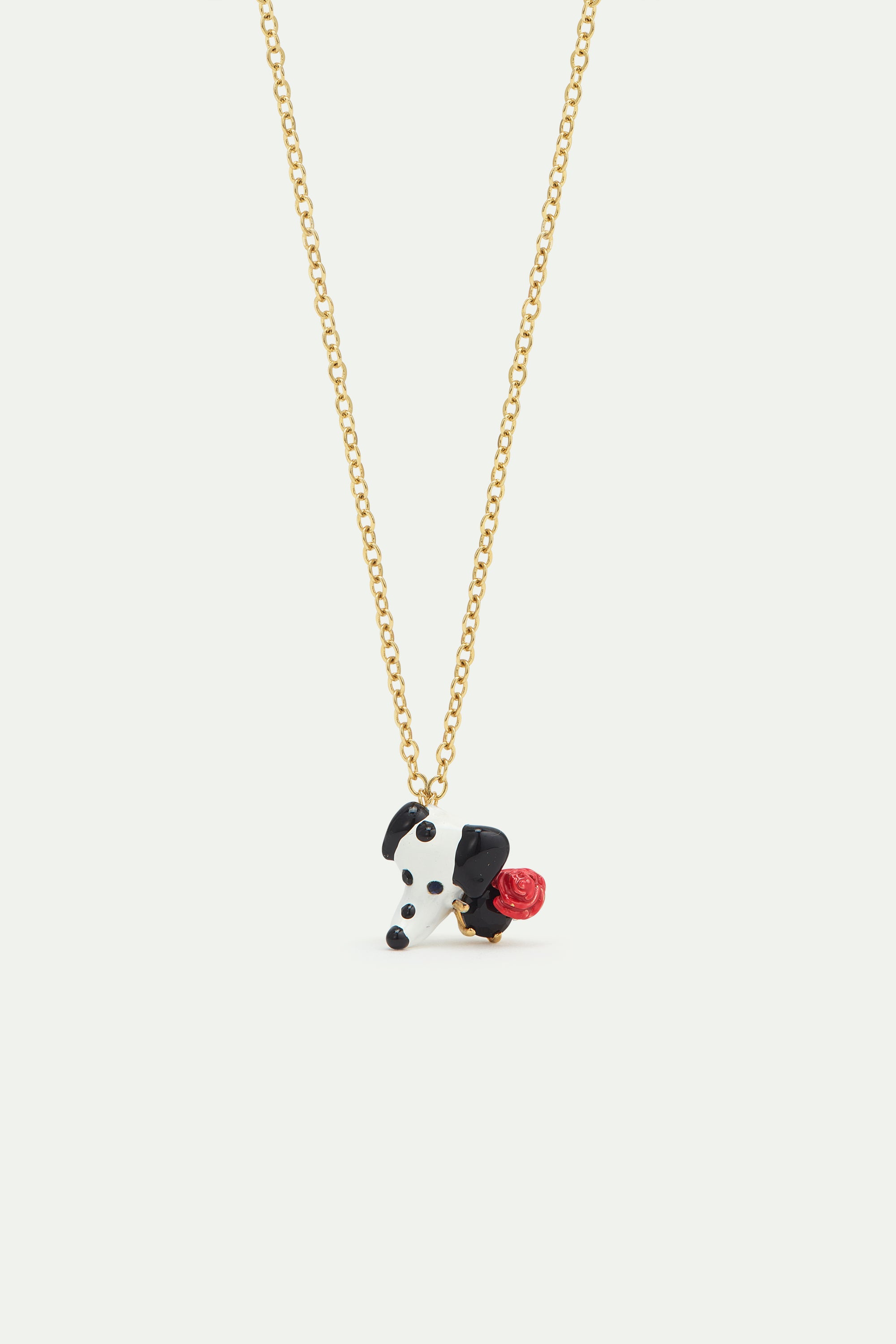 Collier pendentif dalmatien, pierre ronde facettée noire et rose rouge