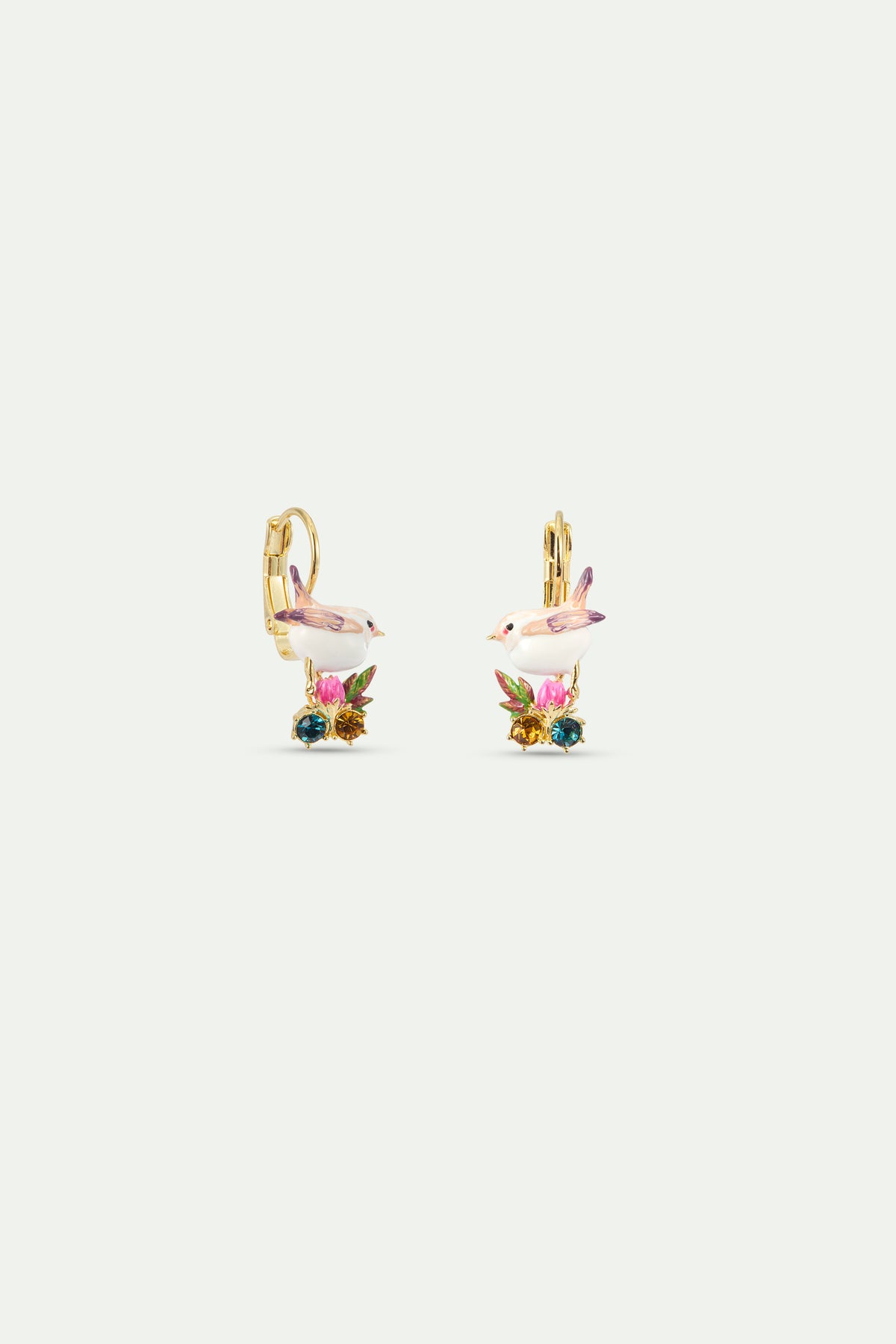 Snow bunting sleeper earrings with rosebud and crystals