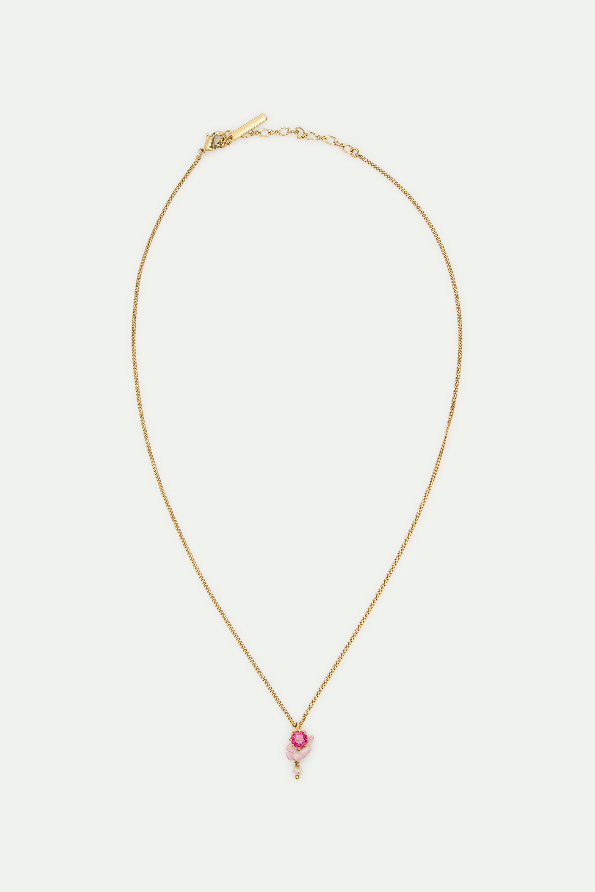 Collier pendentif verre taillé, glycine rose et perle de cristal facetté blanche