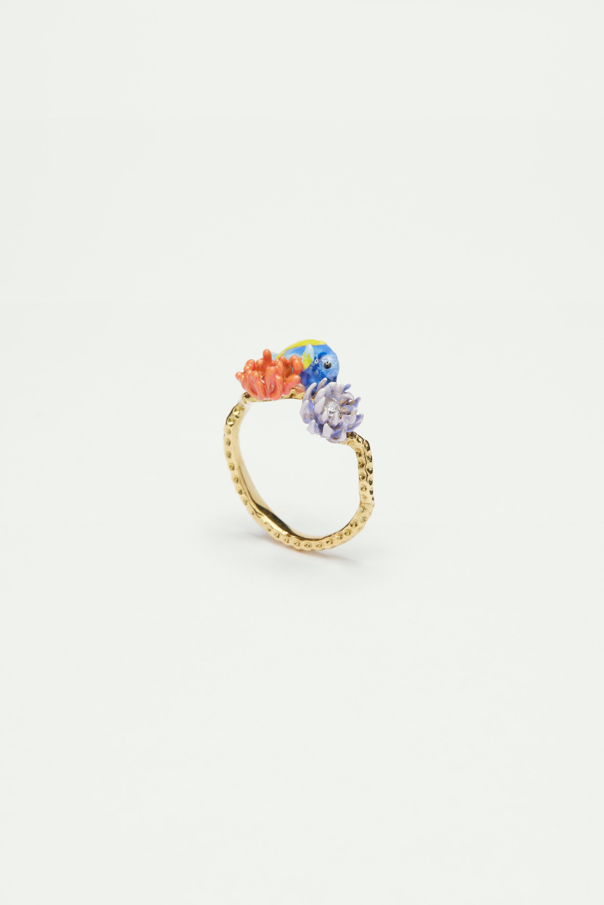 Bague ajustable poisson bleu, anémone rose et oursin