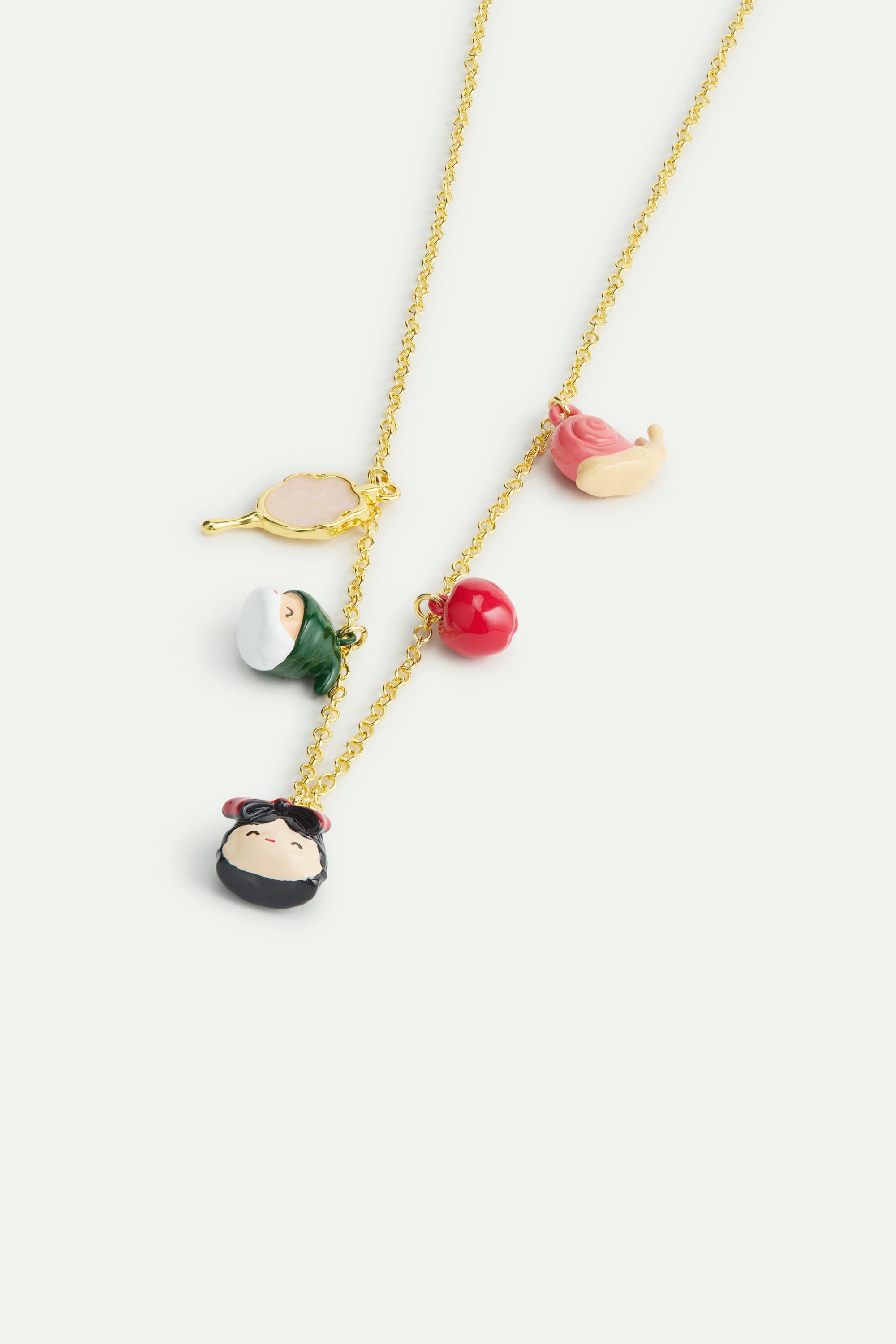 Snow White, Dward, mirroir, apple and snail pendant necklace