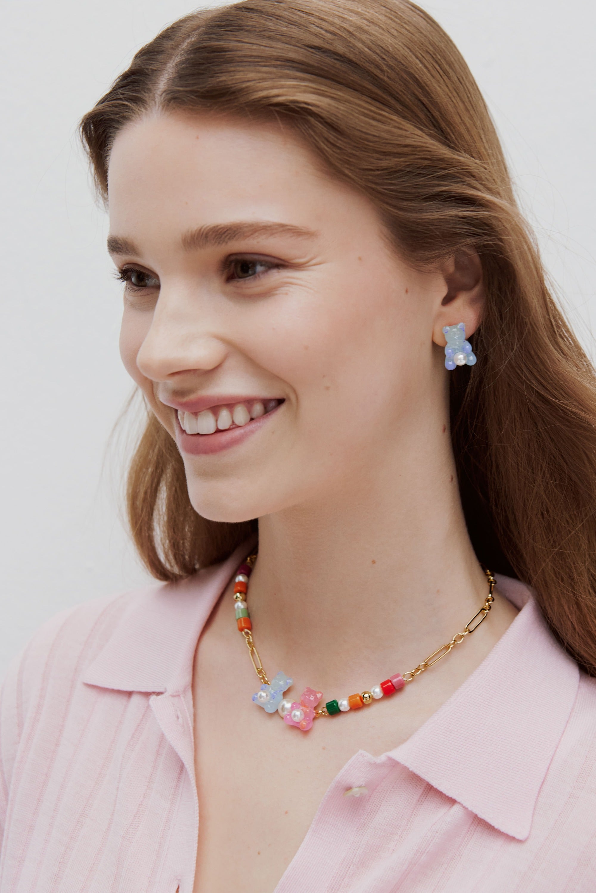 Boucles d'oreilles nounours candy bleu et rose et perle fantaisie