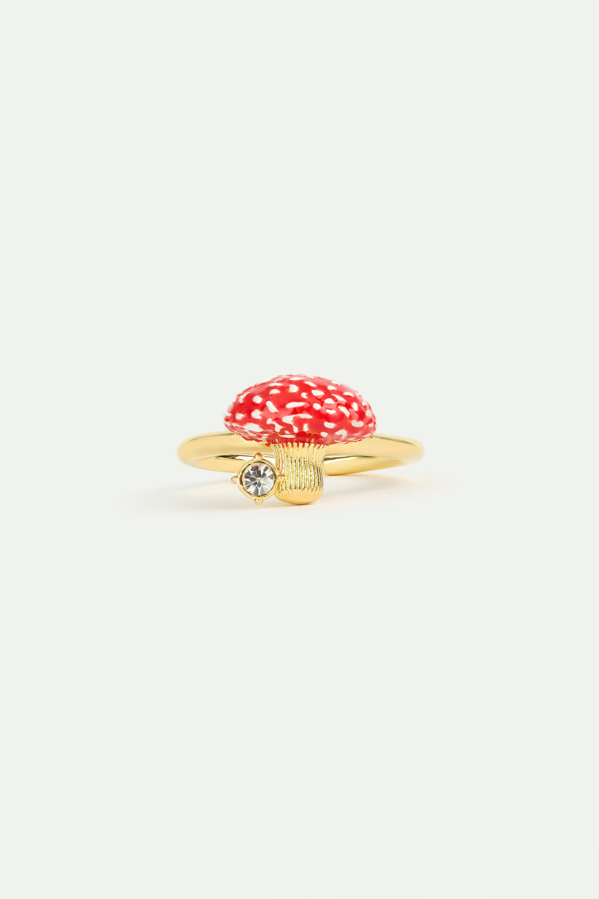 Bague ajustable champignon rouge et doré et cristal facetté