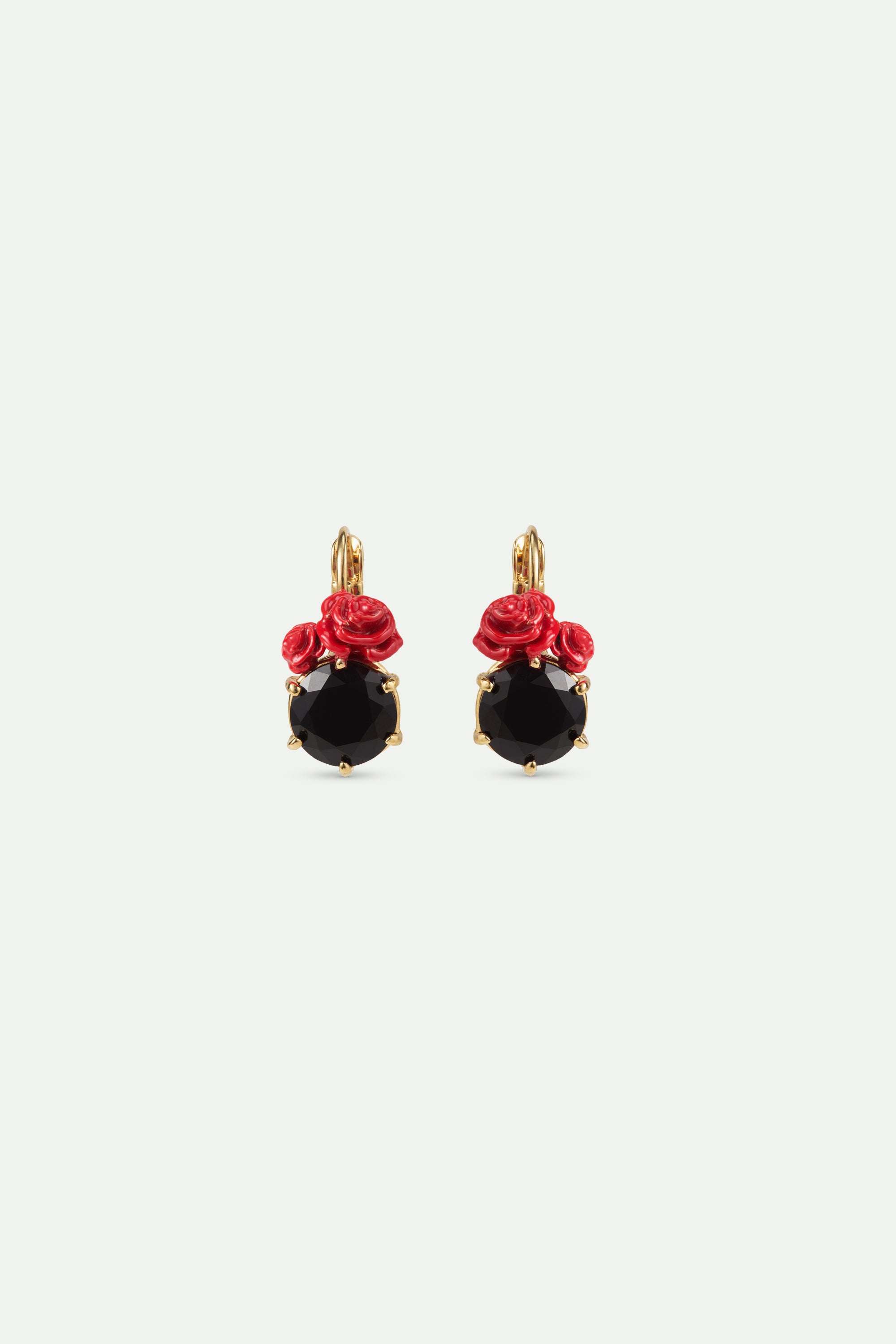 Boucles d'oreilles dormeuses pierre ronde facettée noire et roses rouges