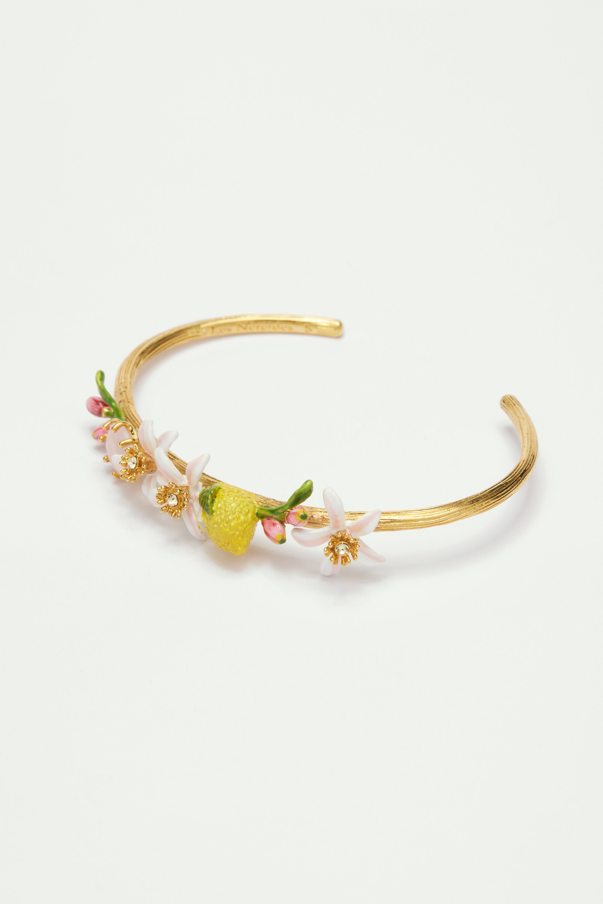 Bracelet jonc citron, fleurs de citronnier et pierre de verre rose