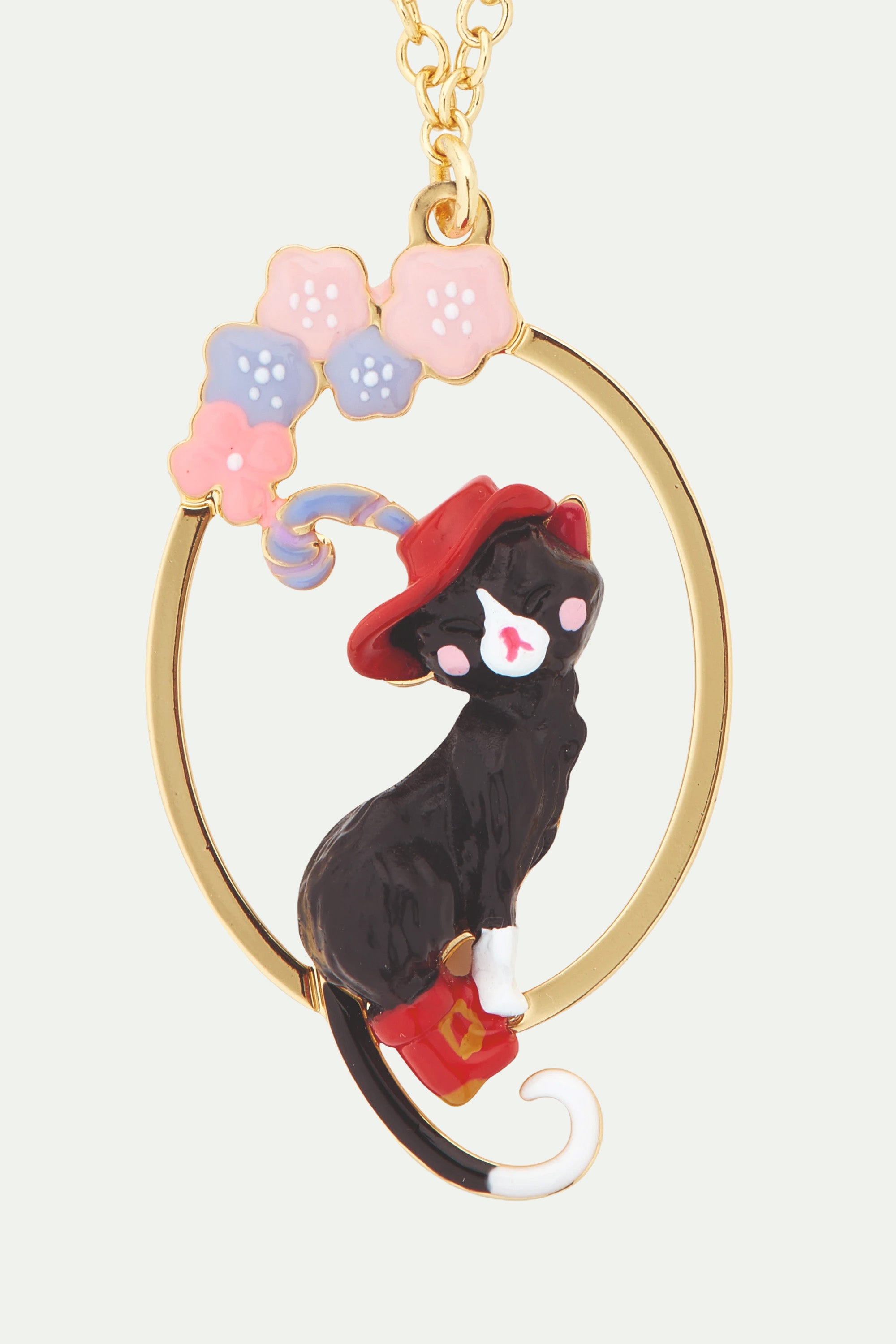 Collier pendentif chat charmant et fleurs