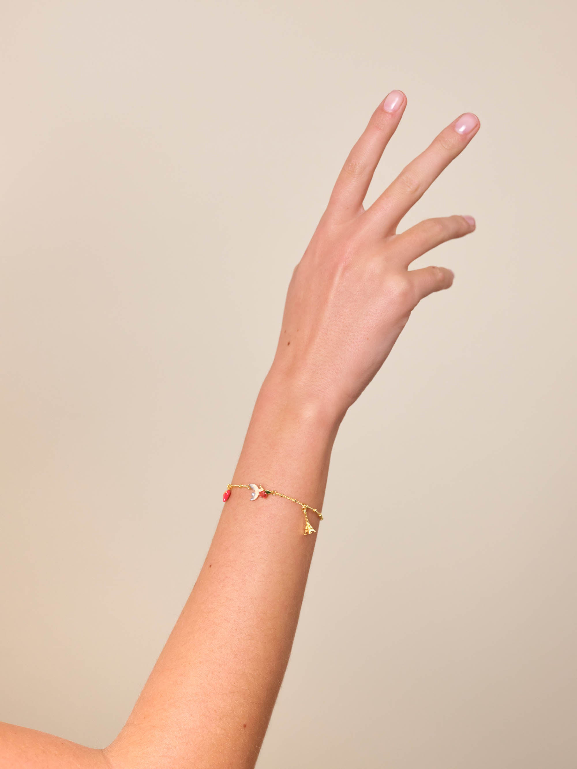 Eiffel tower, heart, sparrow and rose fine bracelet