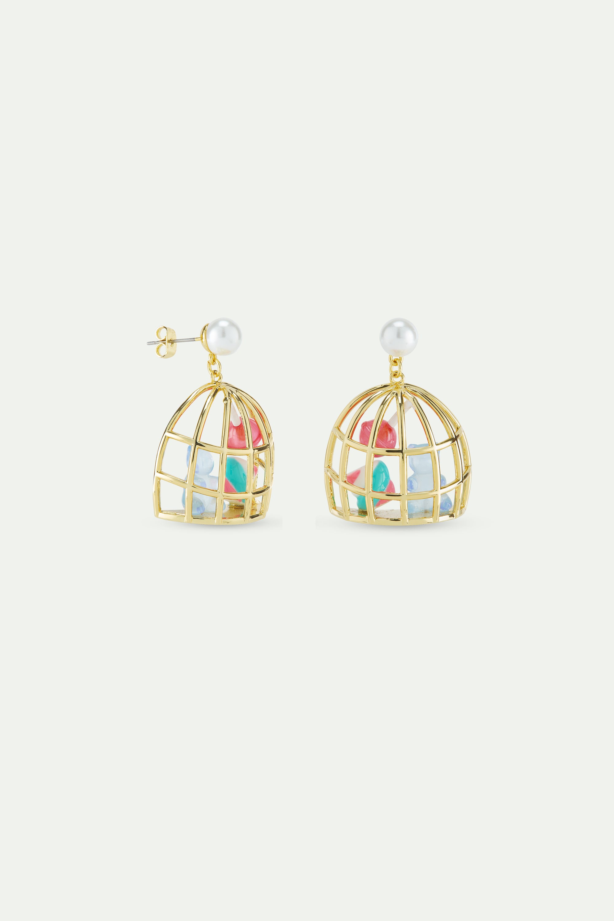 Boucles d'oreilles cage dorée nounours candy bleu, guimauve et sucette