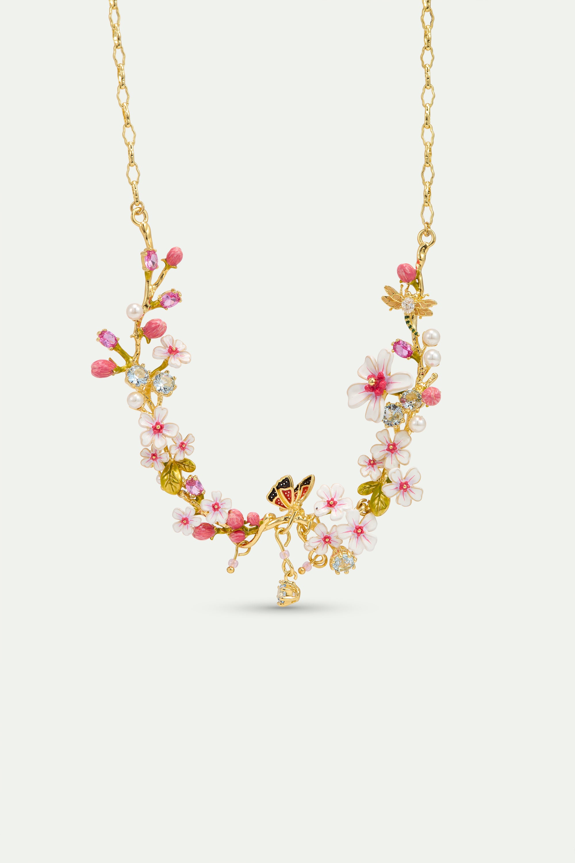 Collier plastron aubépines, papillon, cristaux et perles