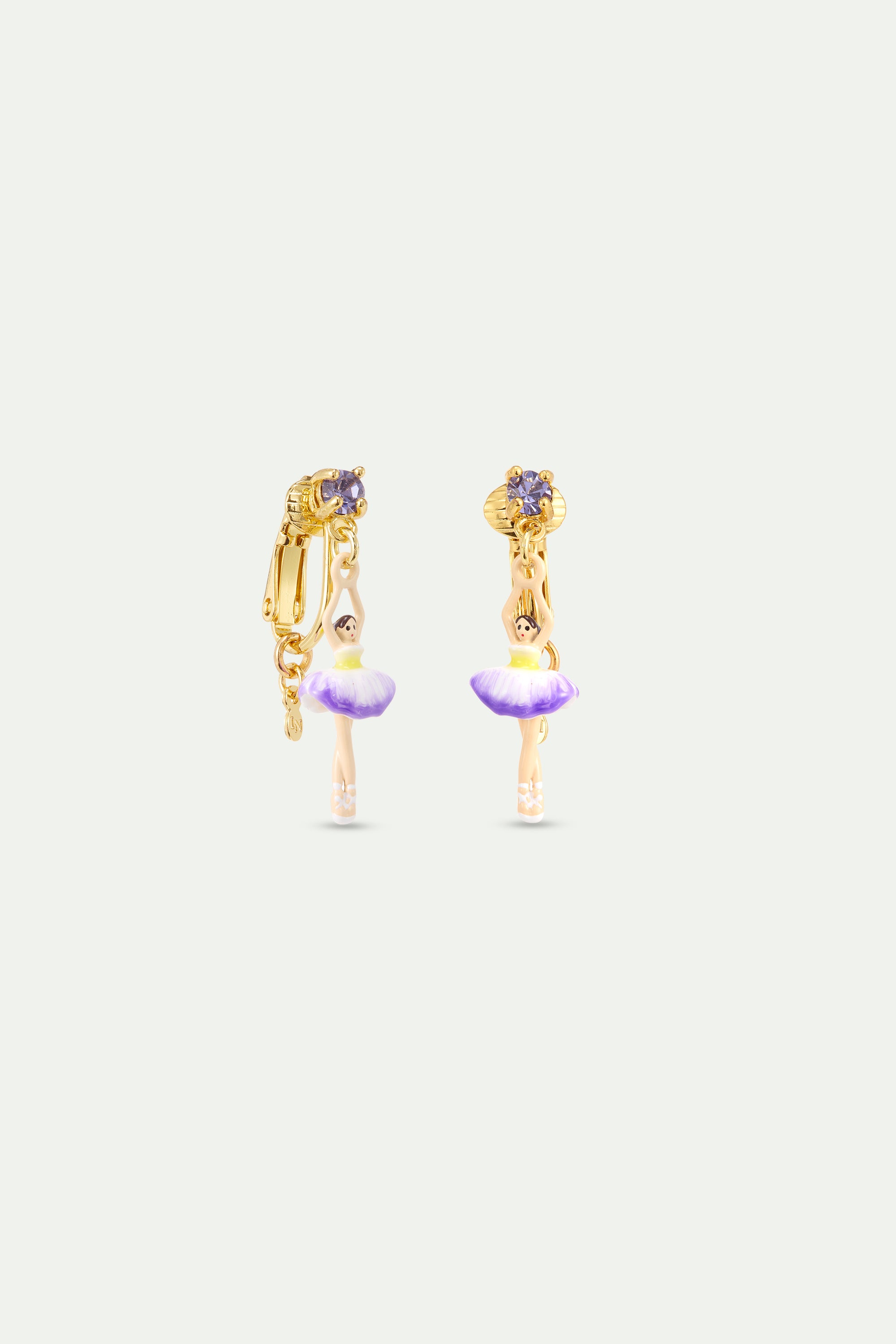 Boucles d'oreilles ballerine tutu violet et jaune et cristal violet
