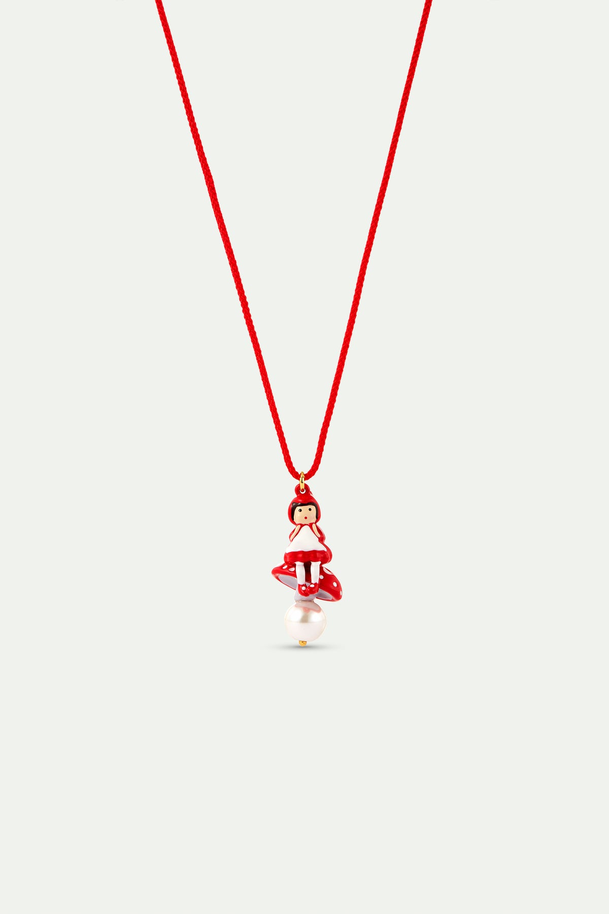 Collier pendentif rouge Petit Chaperon Rouge, champignon et perle fantaisie