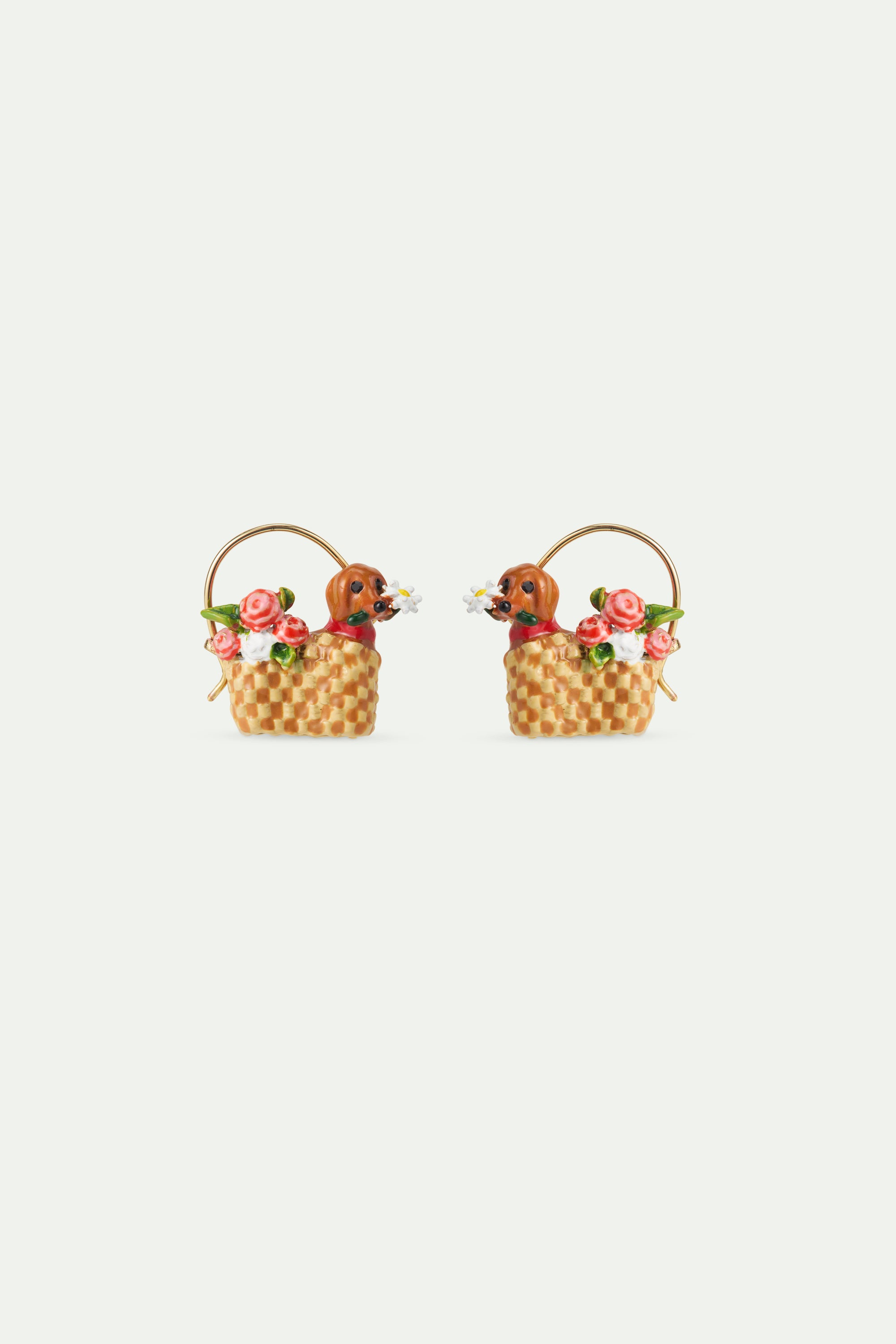 Boucles d'oreilles dormeuses panier, teckel et fleurs