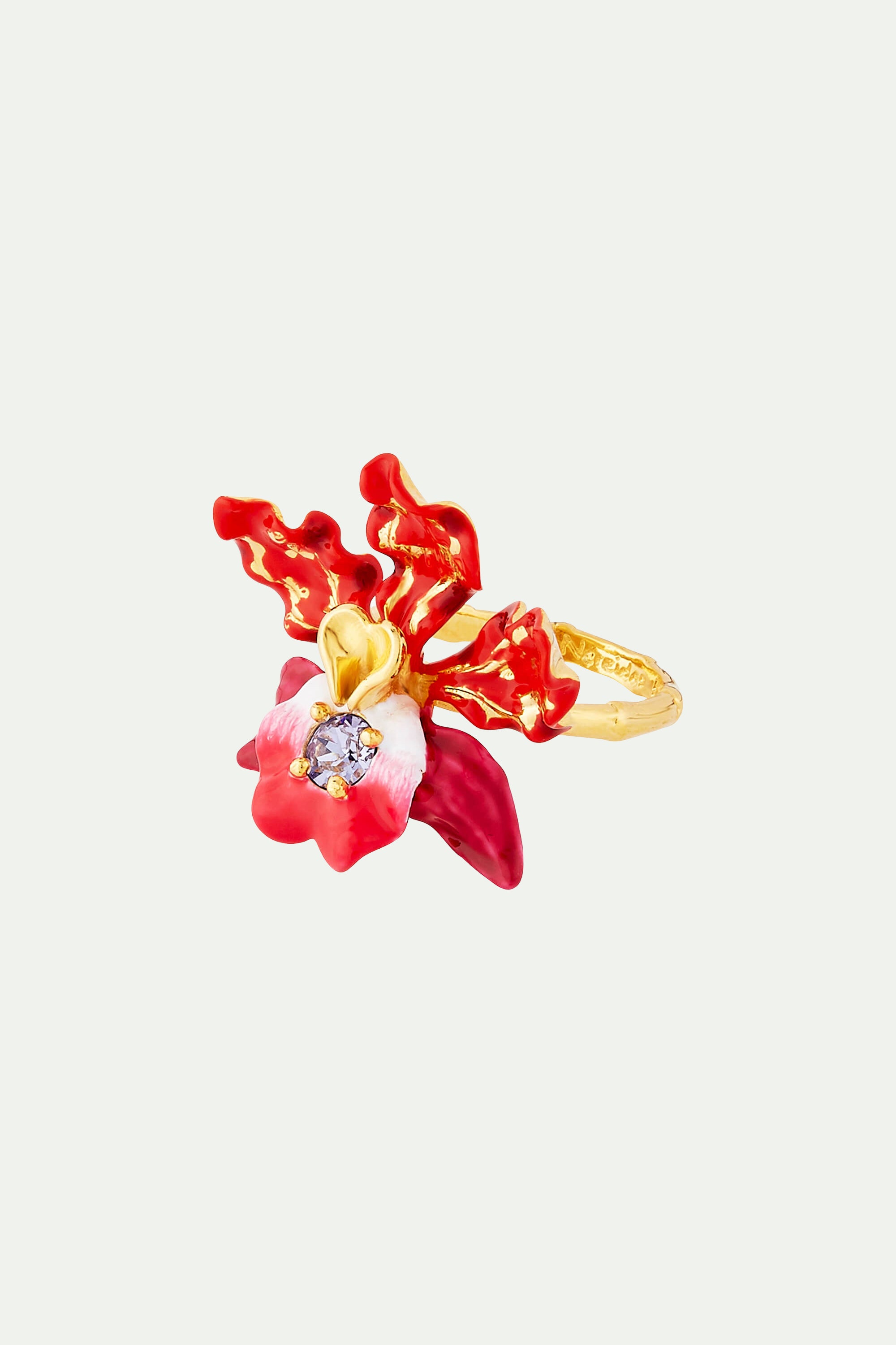 Bague cocktail fleur d'orchidée exotique et cristal taillé