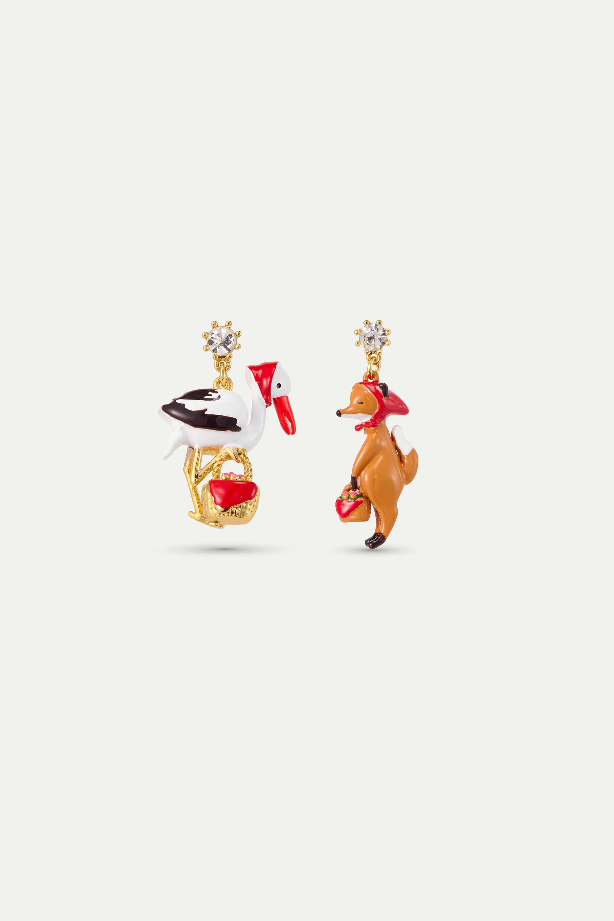 Boucles d'oreilles asymétriques le Renard et la Cigogne et cristal facetté