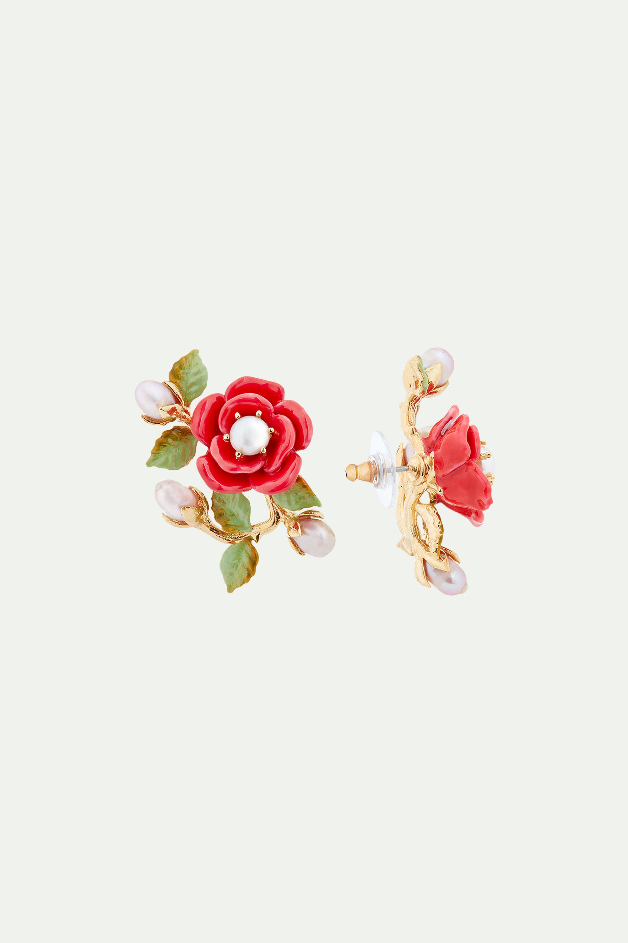 Rose branch and cultured pearl clip-on earrings