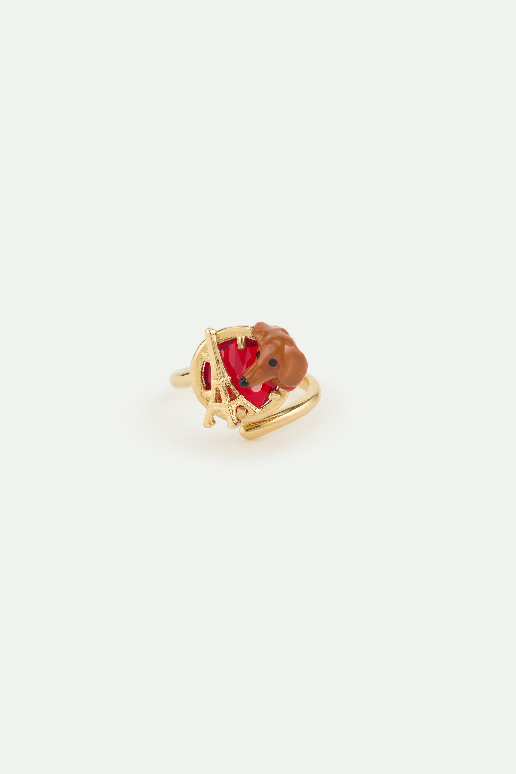 Bague ajustable teckel, tour Eiffel, pierre ronde rouge