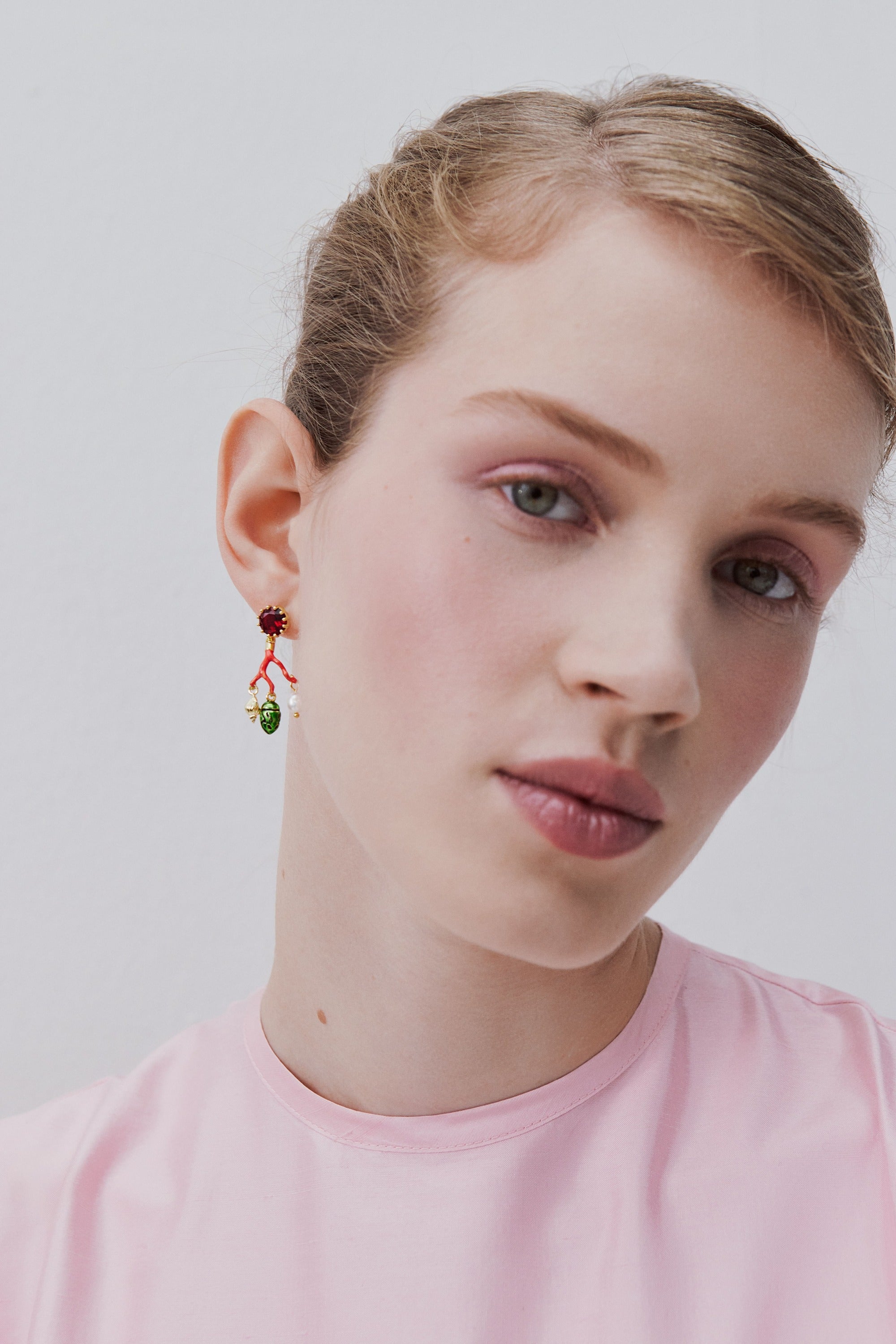 Coral post earrings, red faceted glass, cultured pearl, golden beetle and seashell