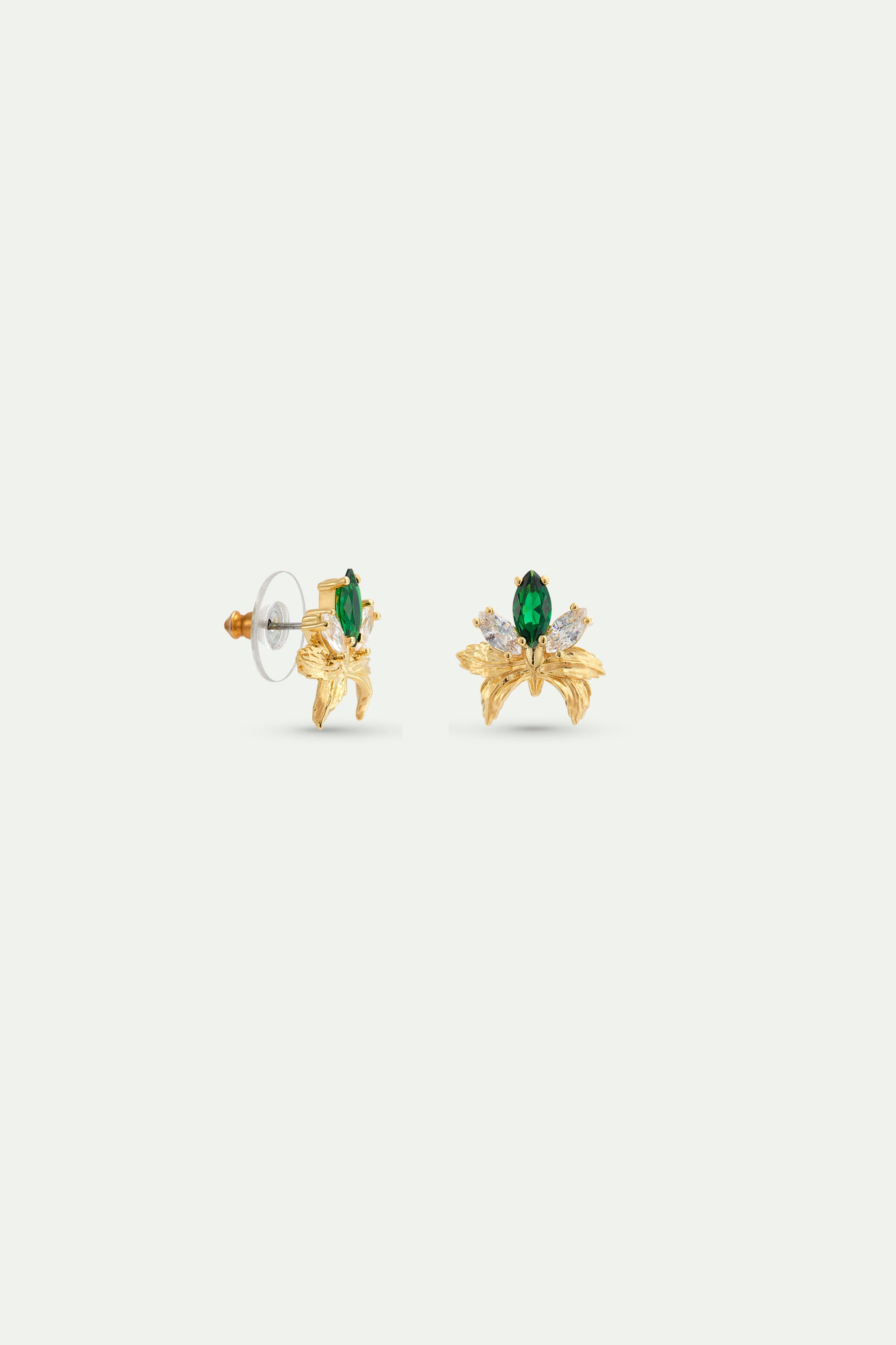 Boucles d'oreilles dorées orchidée et pierres blanches et verte