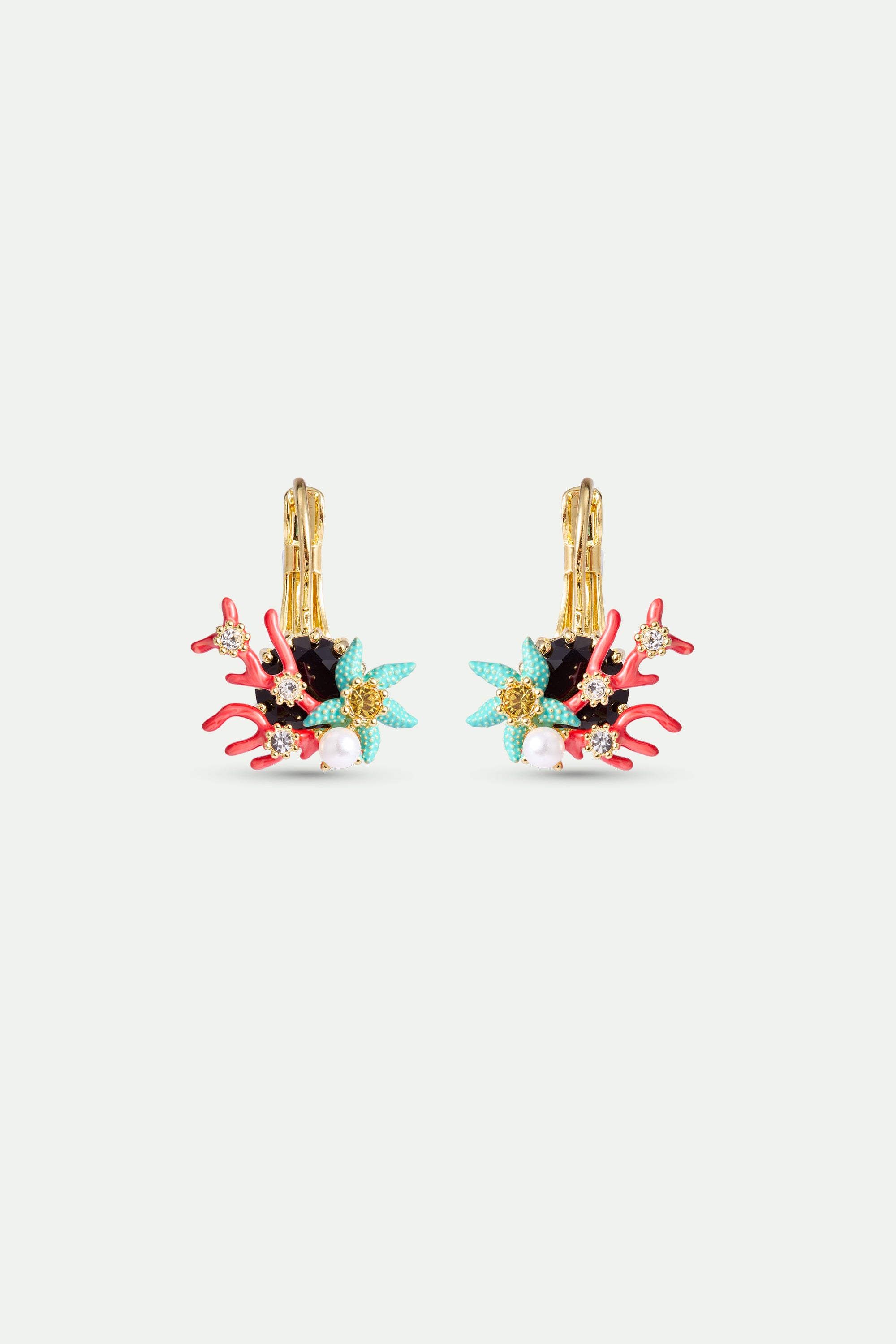 Sleeper earrings with round black faceted stone, red coral, blue starfish and cultured pearl