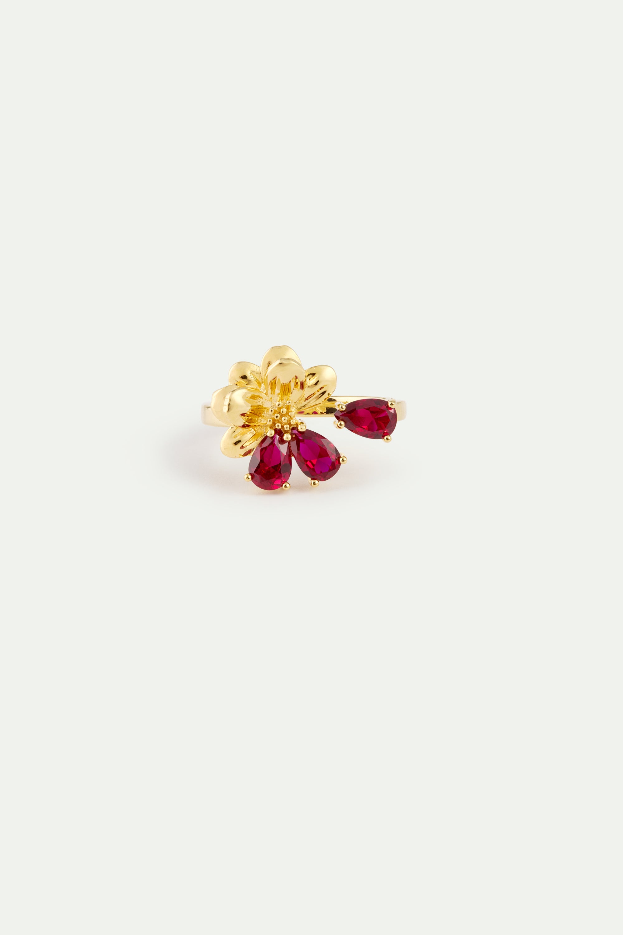 Bague ajustable dorée fleur de cosmos et pierres rouges
