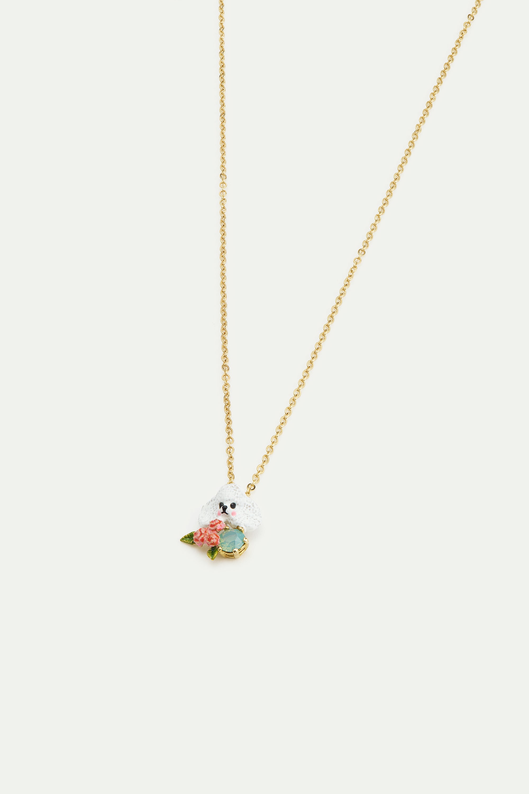 Collier pendentif caniche, fleurs roses et pierre bleue