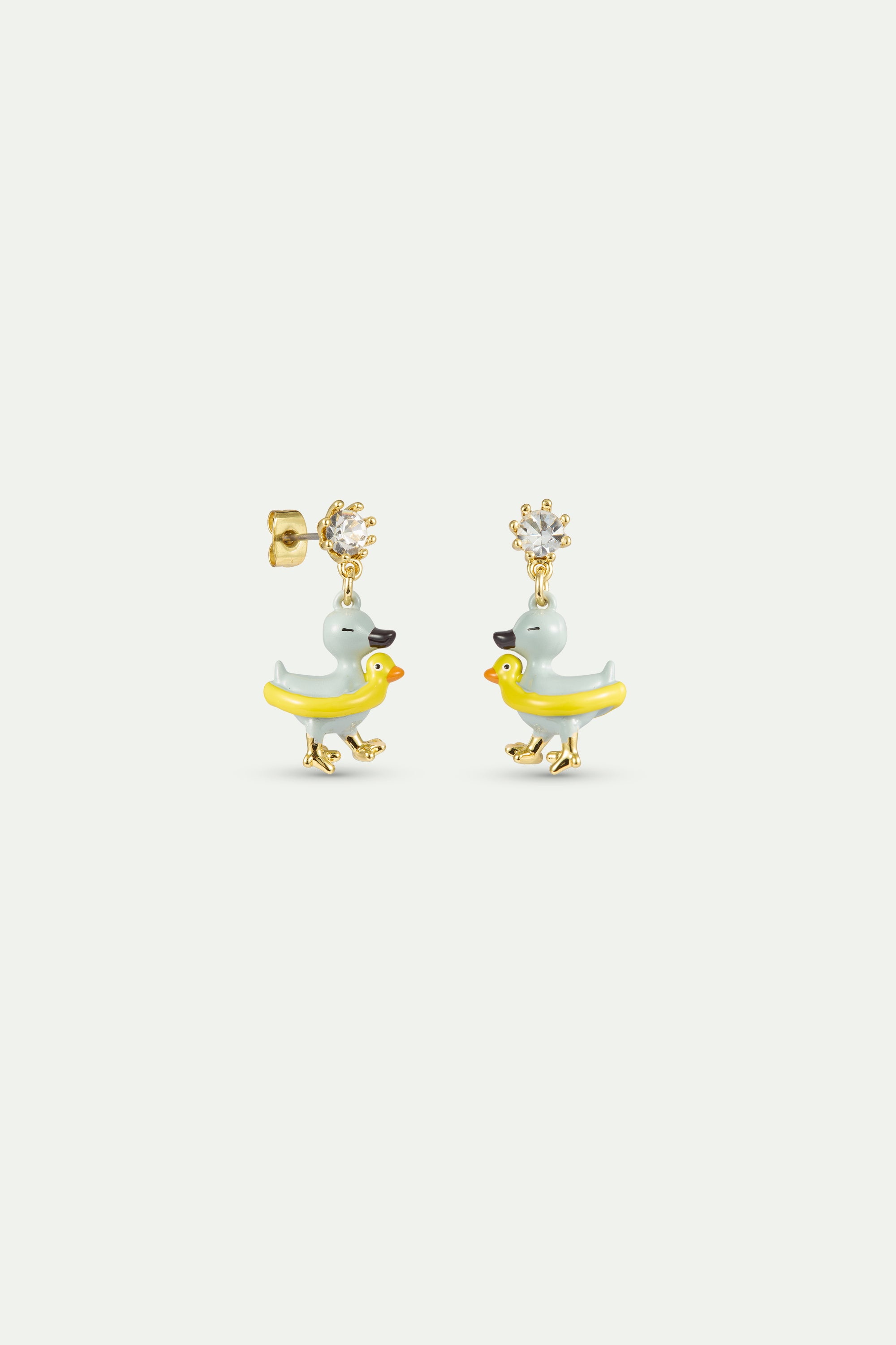Boucles d'oreilles asymétriques Petit Canard jaune et bleu, cristal facetté