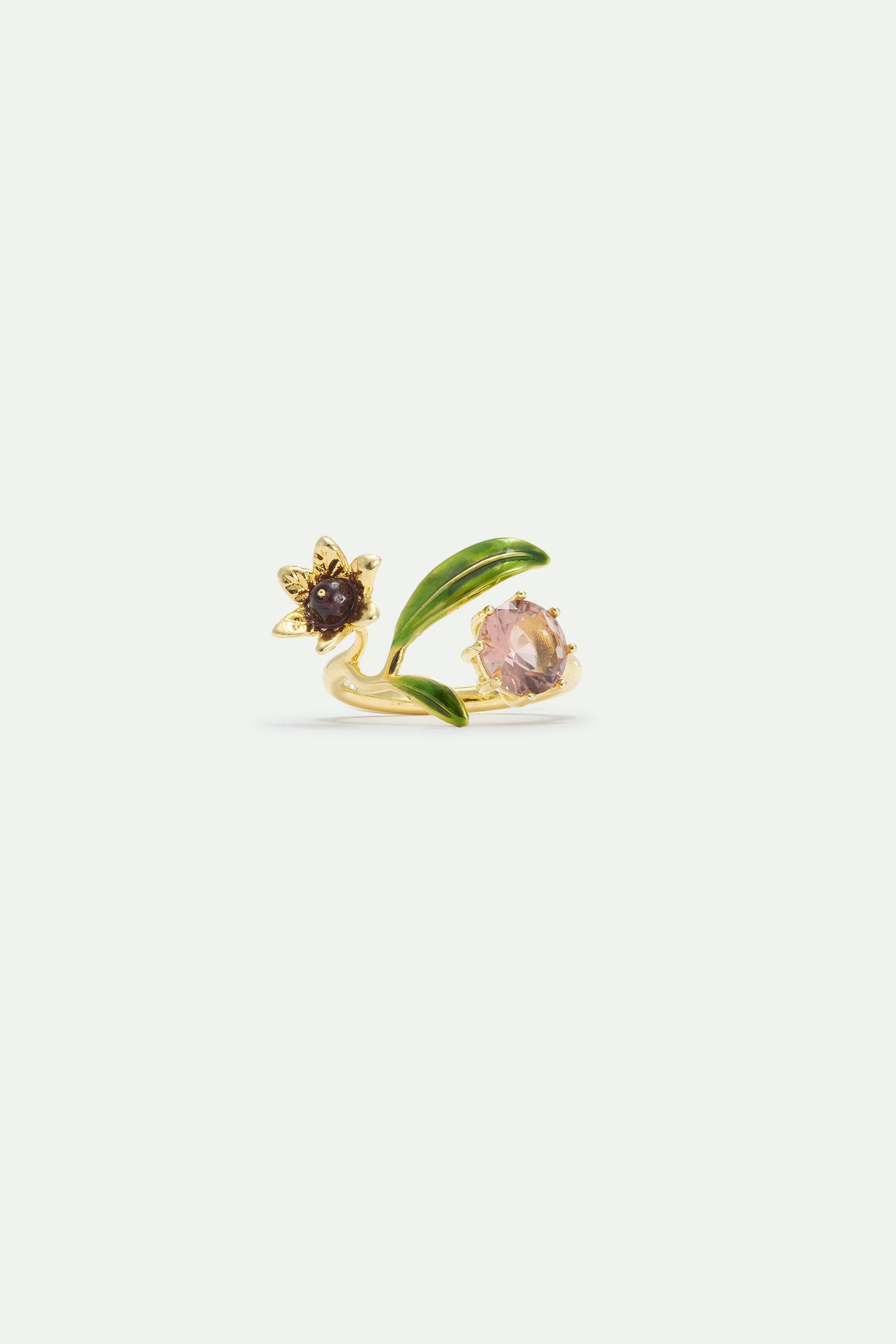Bague ajustable fleur dorée, perle et pierre ronde rose
