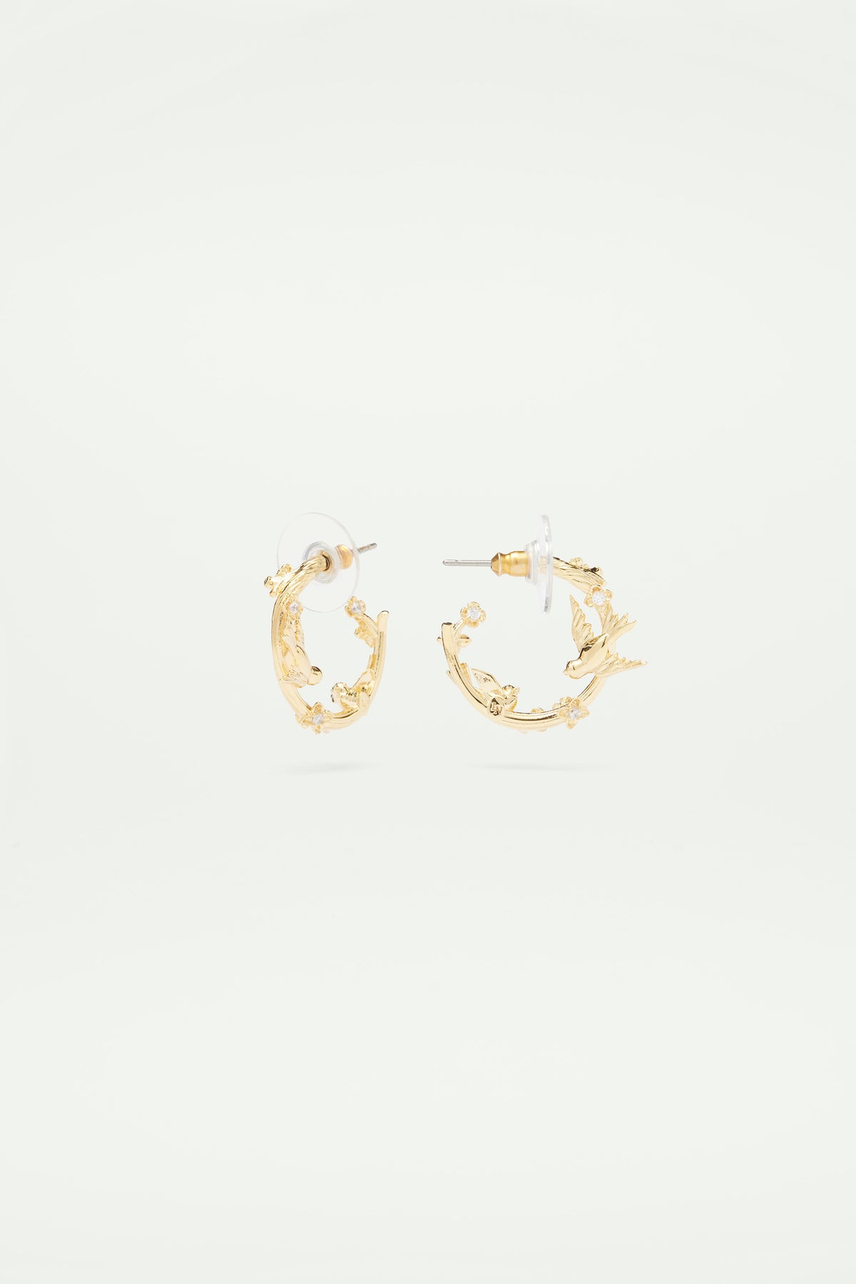 Golden bird, flower and crystal post earrings