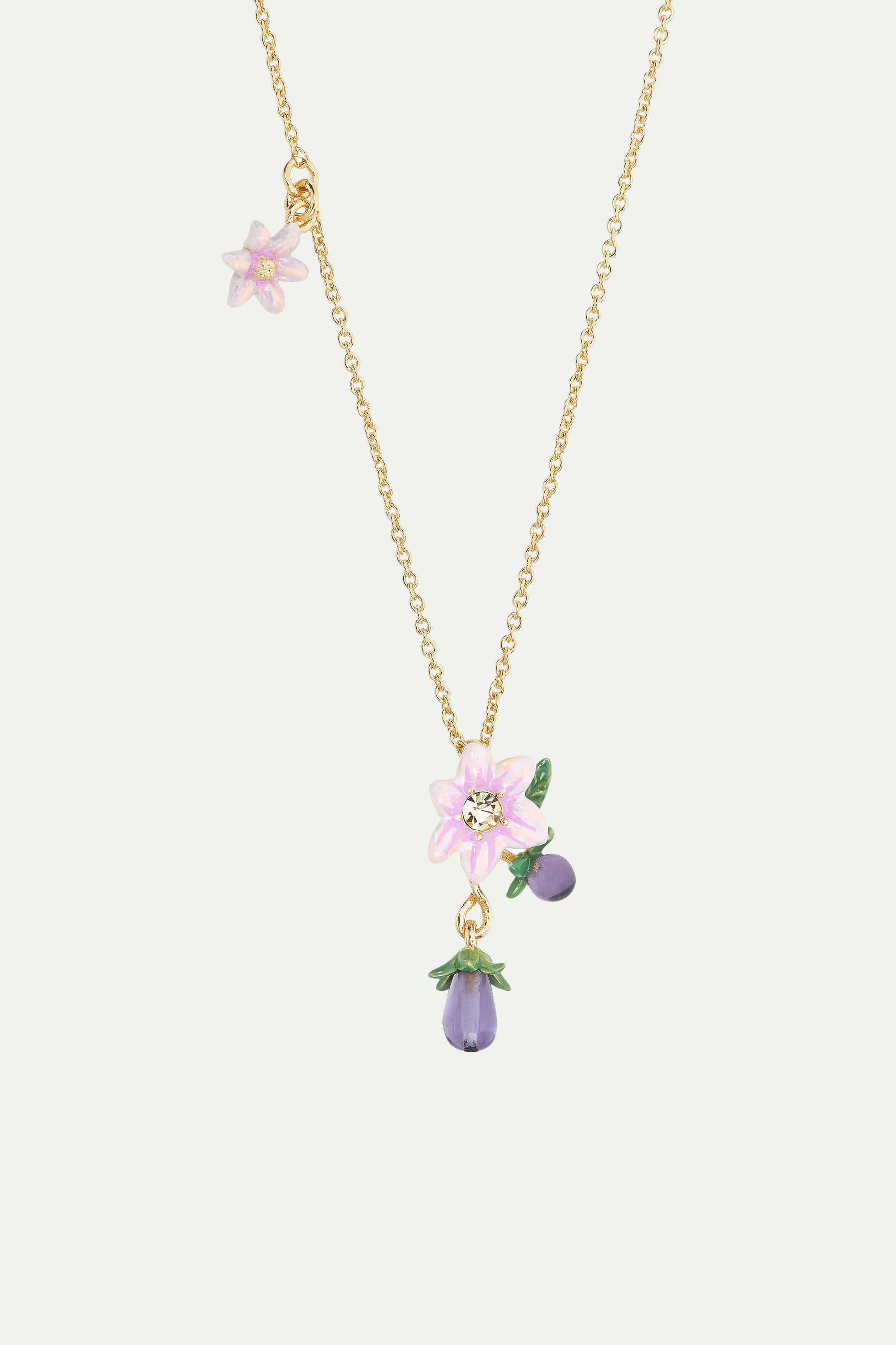 Collier pendentif aubergines et fleurs