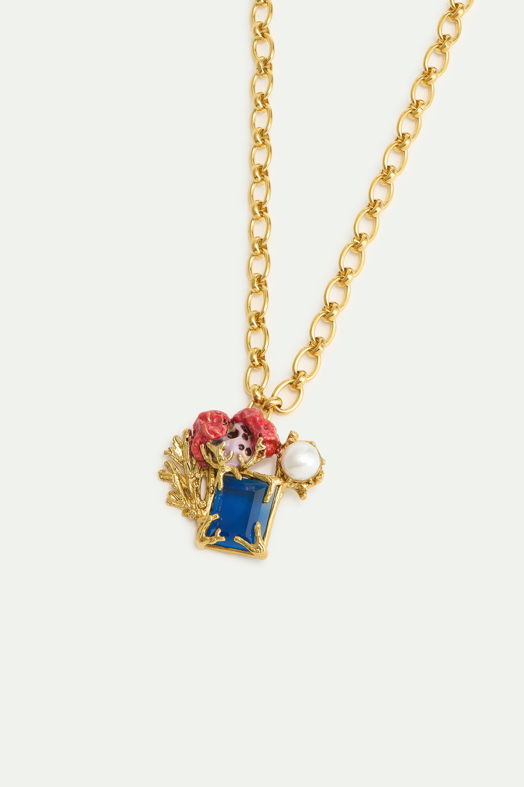 Collier pierre bleue carrée, corail et perle