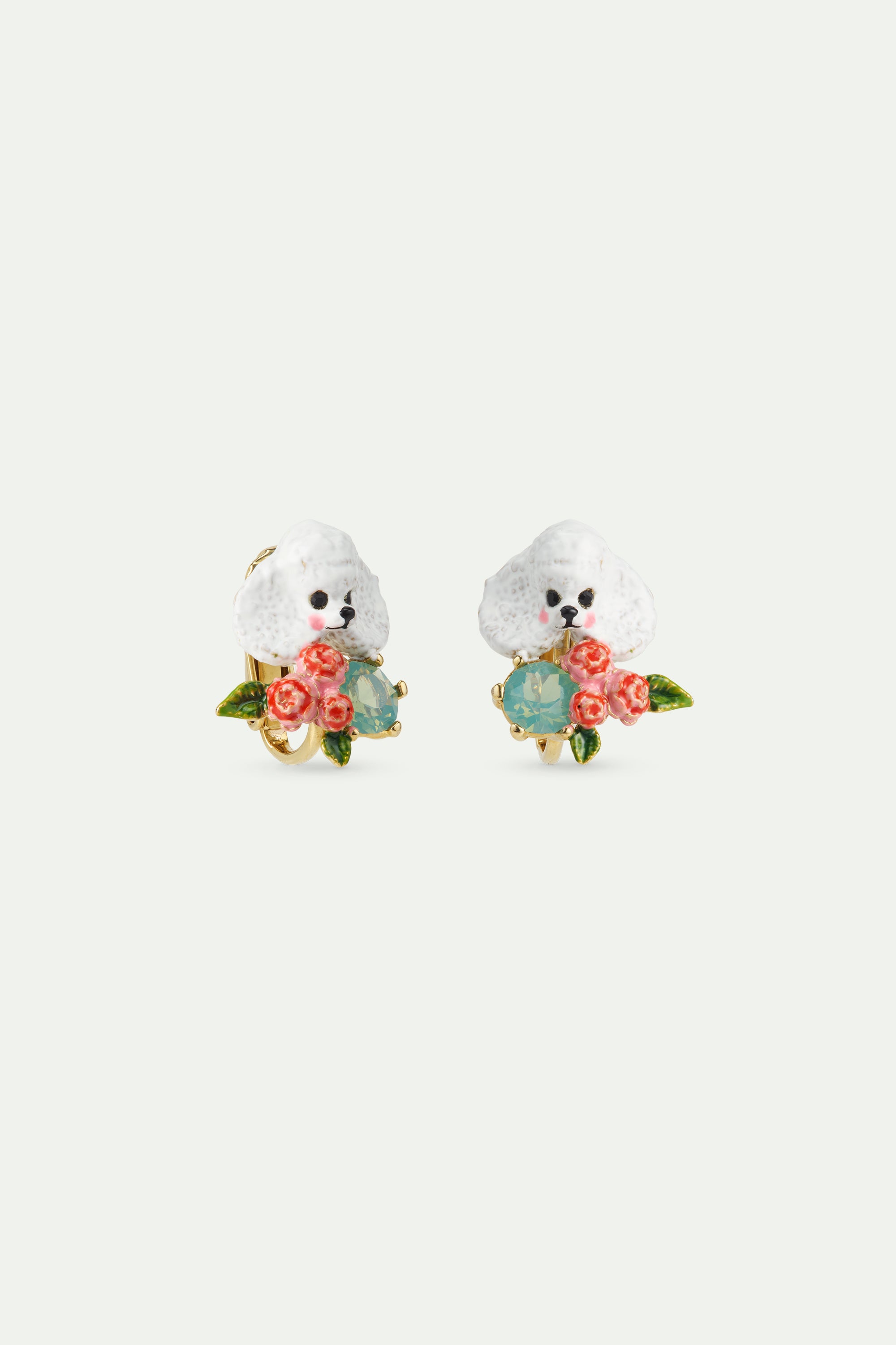 Boucles d'oreilles caniche, fleurs roses et pierre bleue