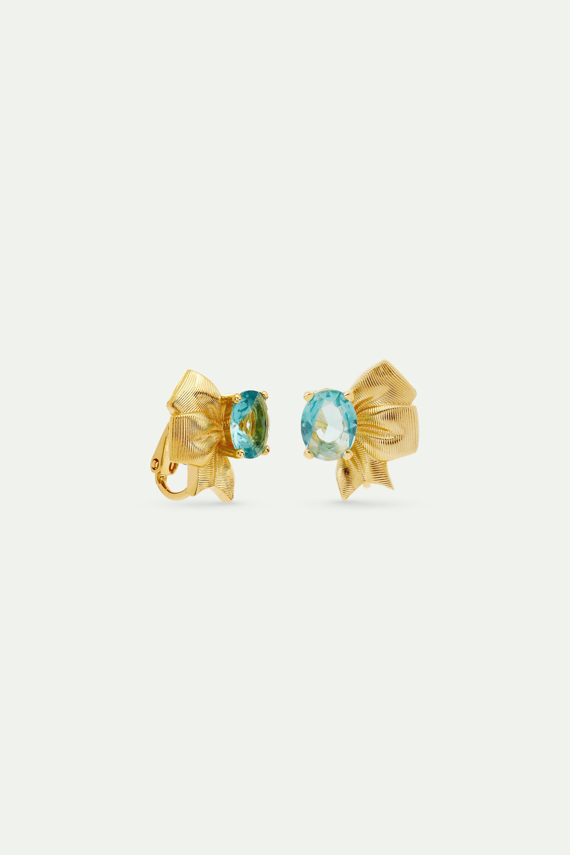 Gold ribbon and blue cut stone earrings