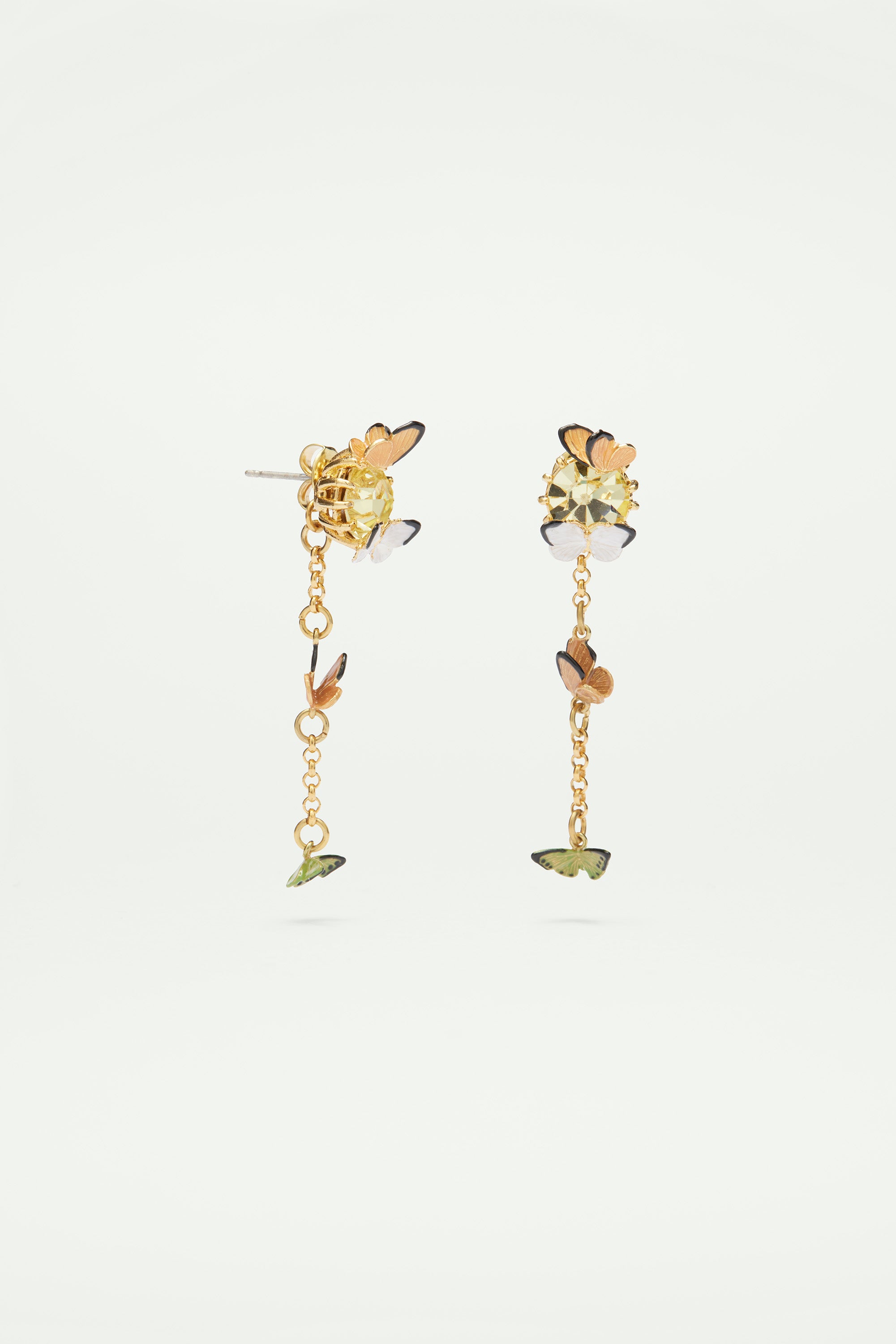 Boucles d'oreilles tiges pendantes papillons émaillés et pierre en verre taillé