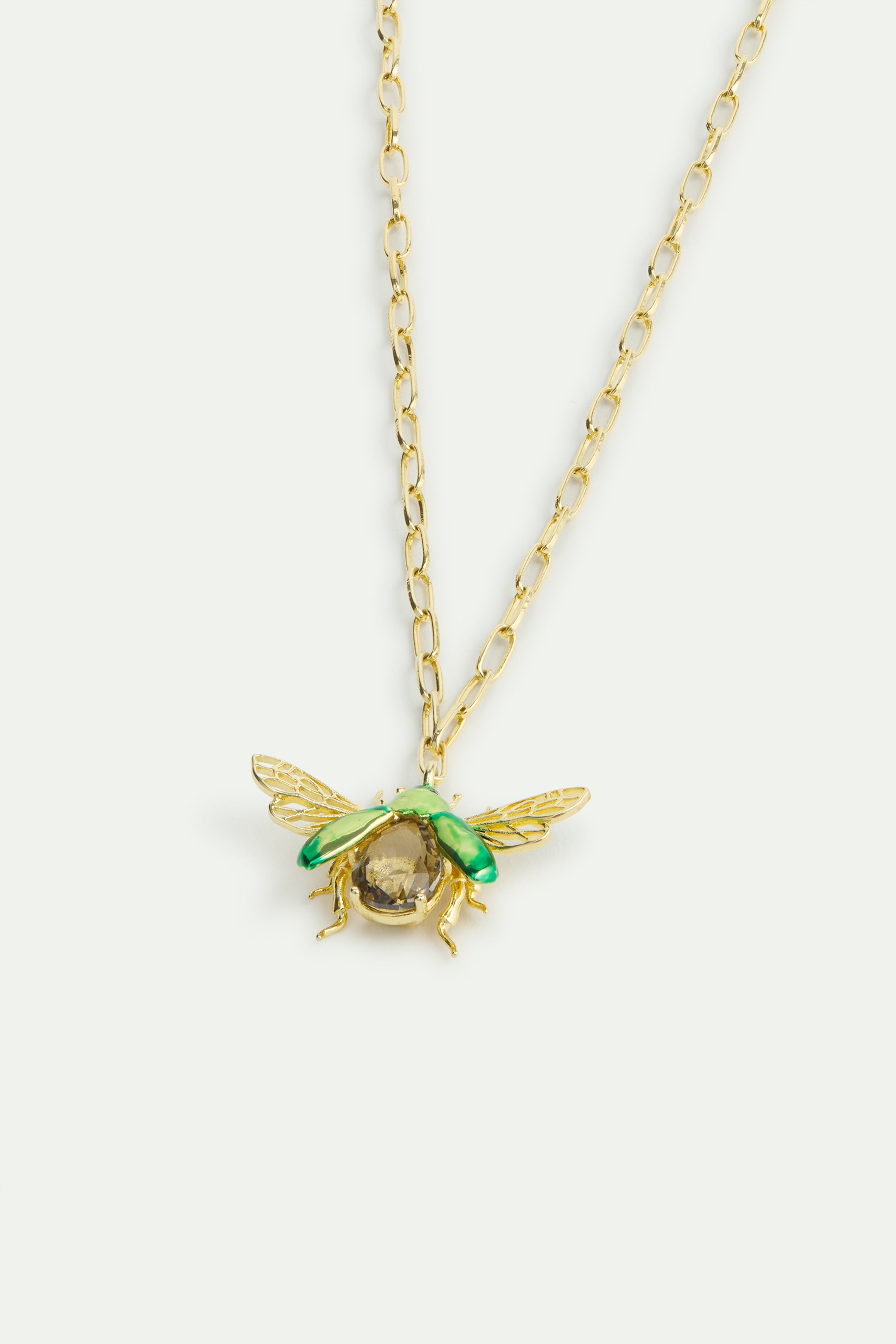 Collier pendentif cétoine verte volante et pierre facettée noire