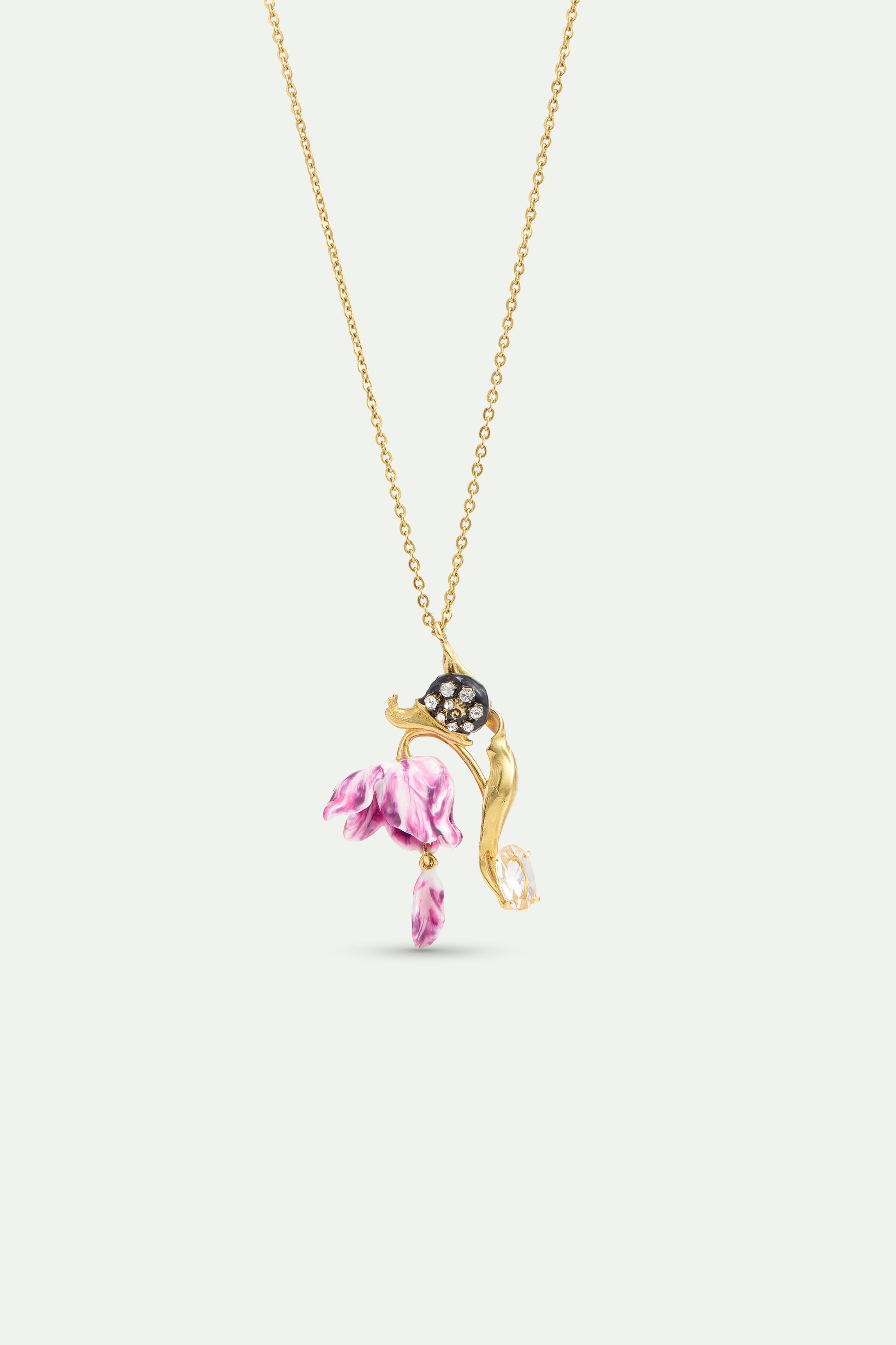 Collier pendentif tulipe violette, escargot et cristal
