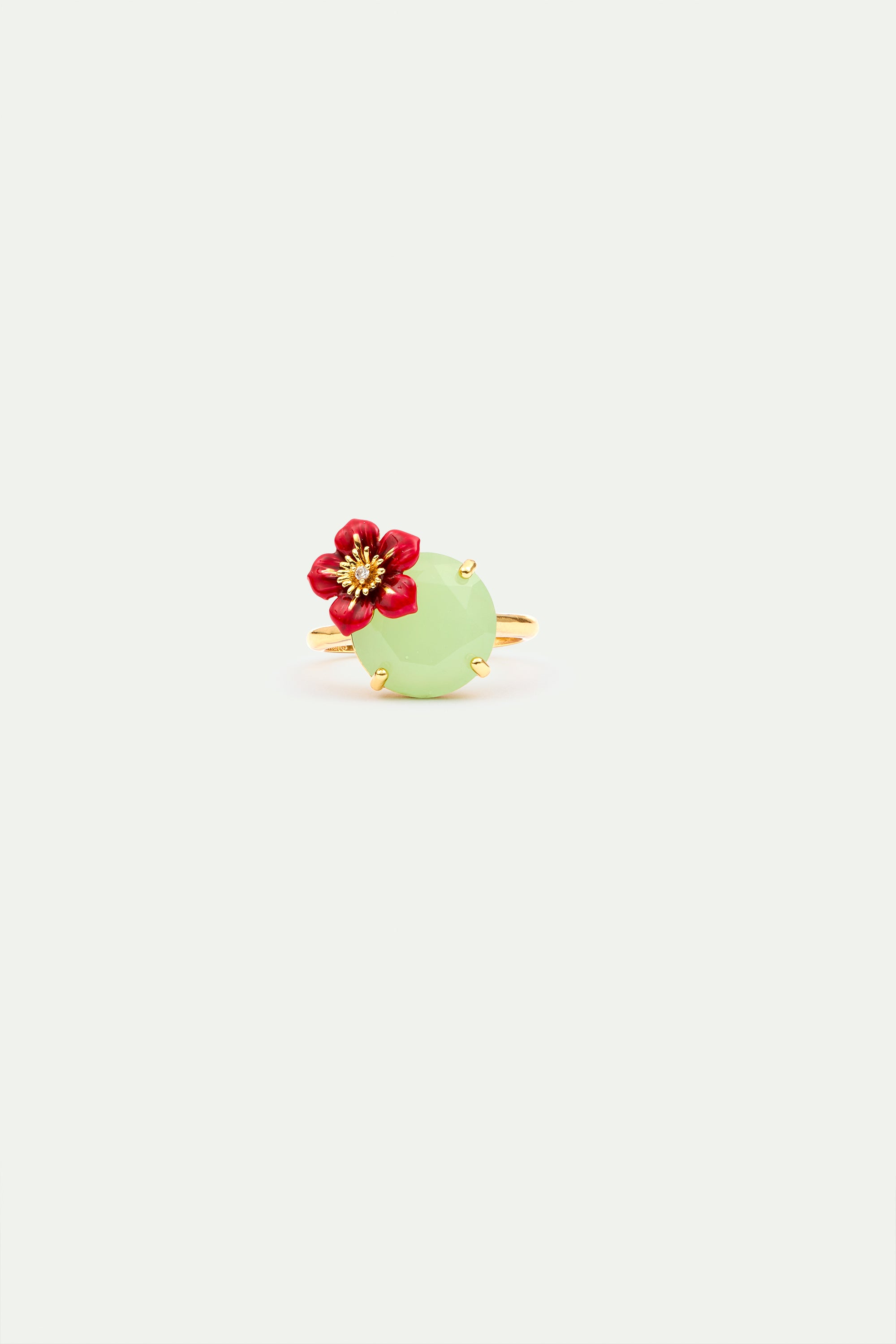 Bague ajustable pierre ronde verte et fleur de prunier