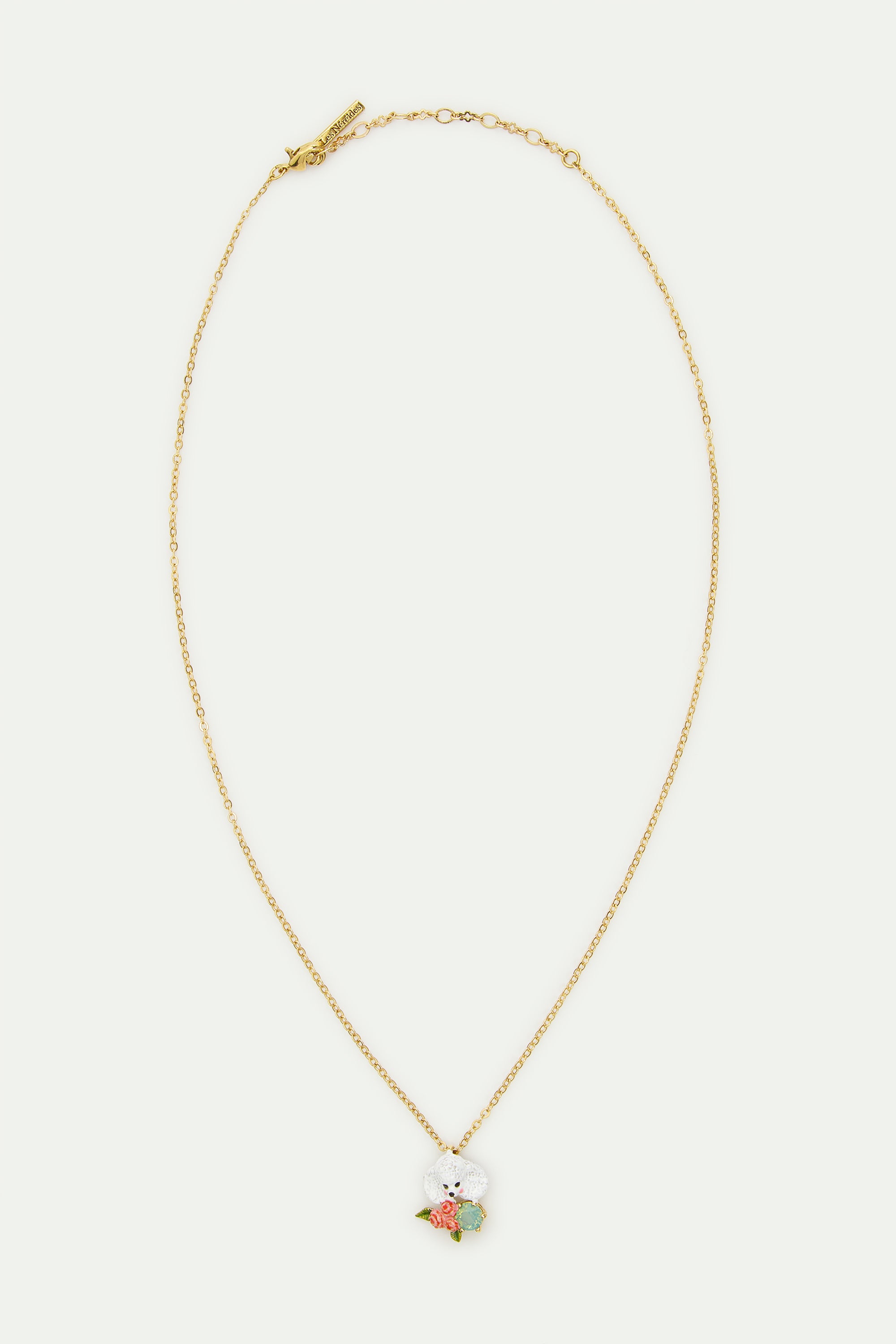 Collier pendentif caniche, fleurs roses et pierre bleue