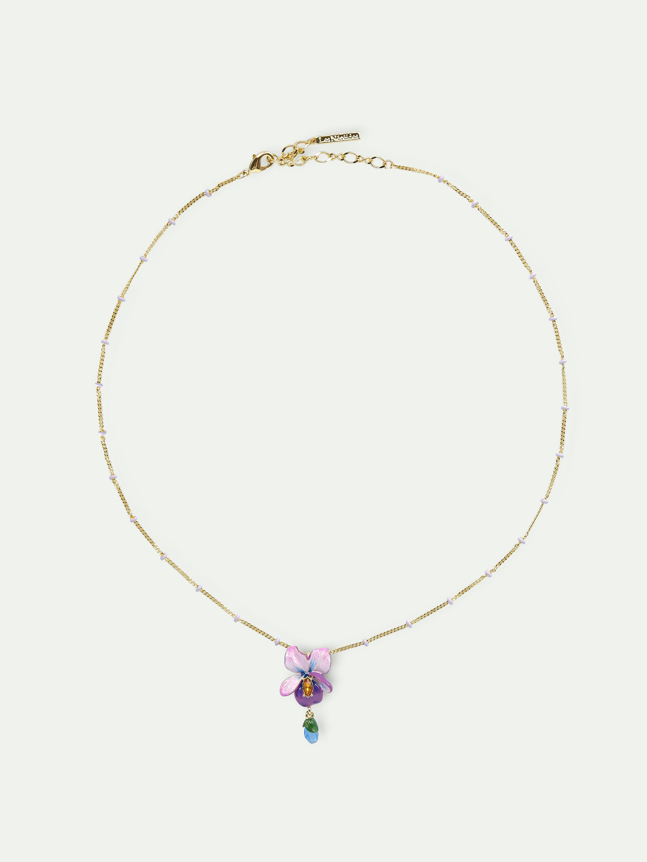 Violet flower and hanging blue stone beaded chain pendant necklace