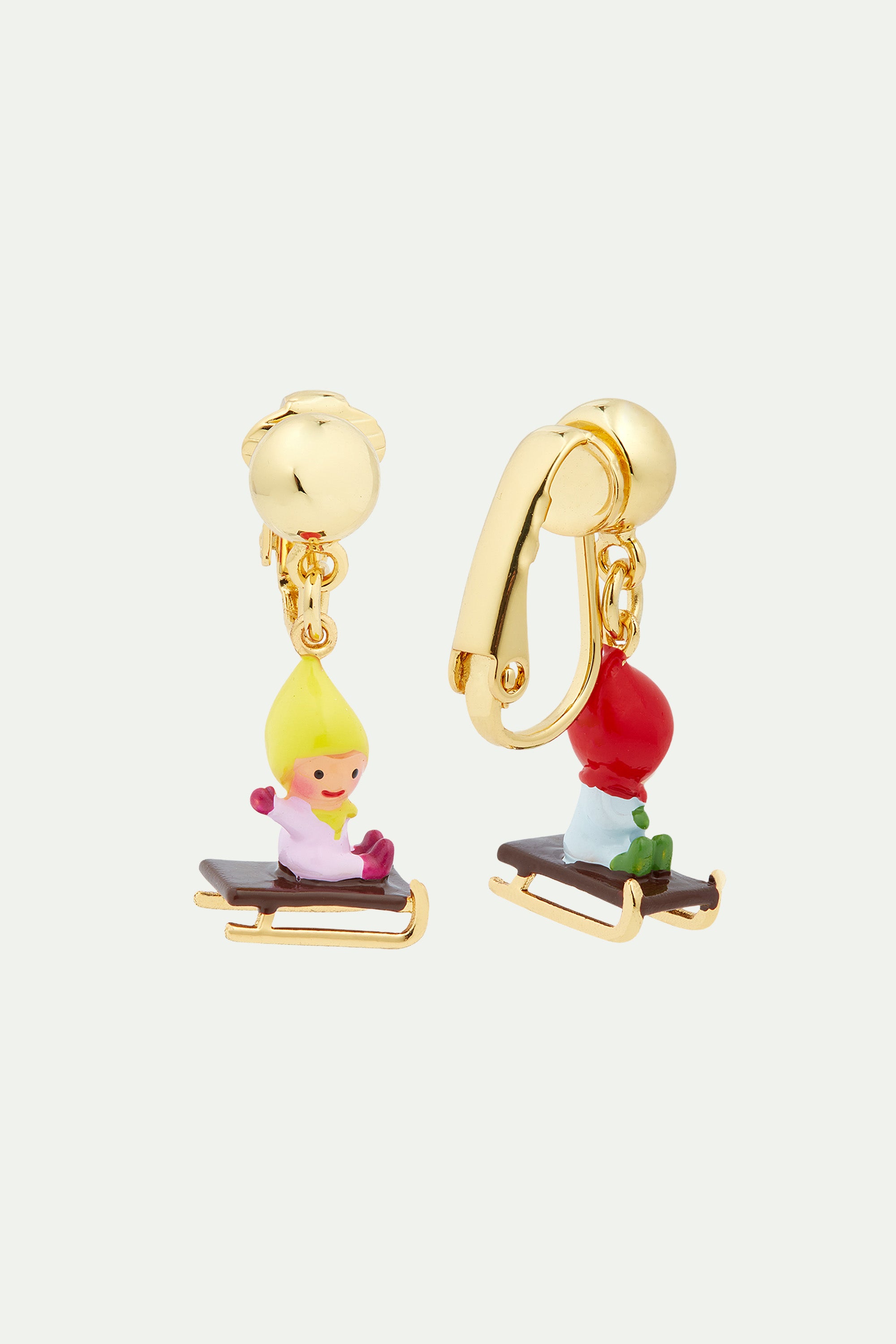 Sledging young garden gnome clip-on earrings