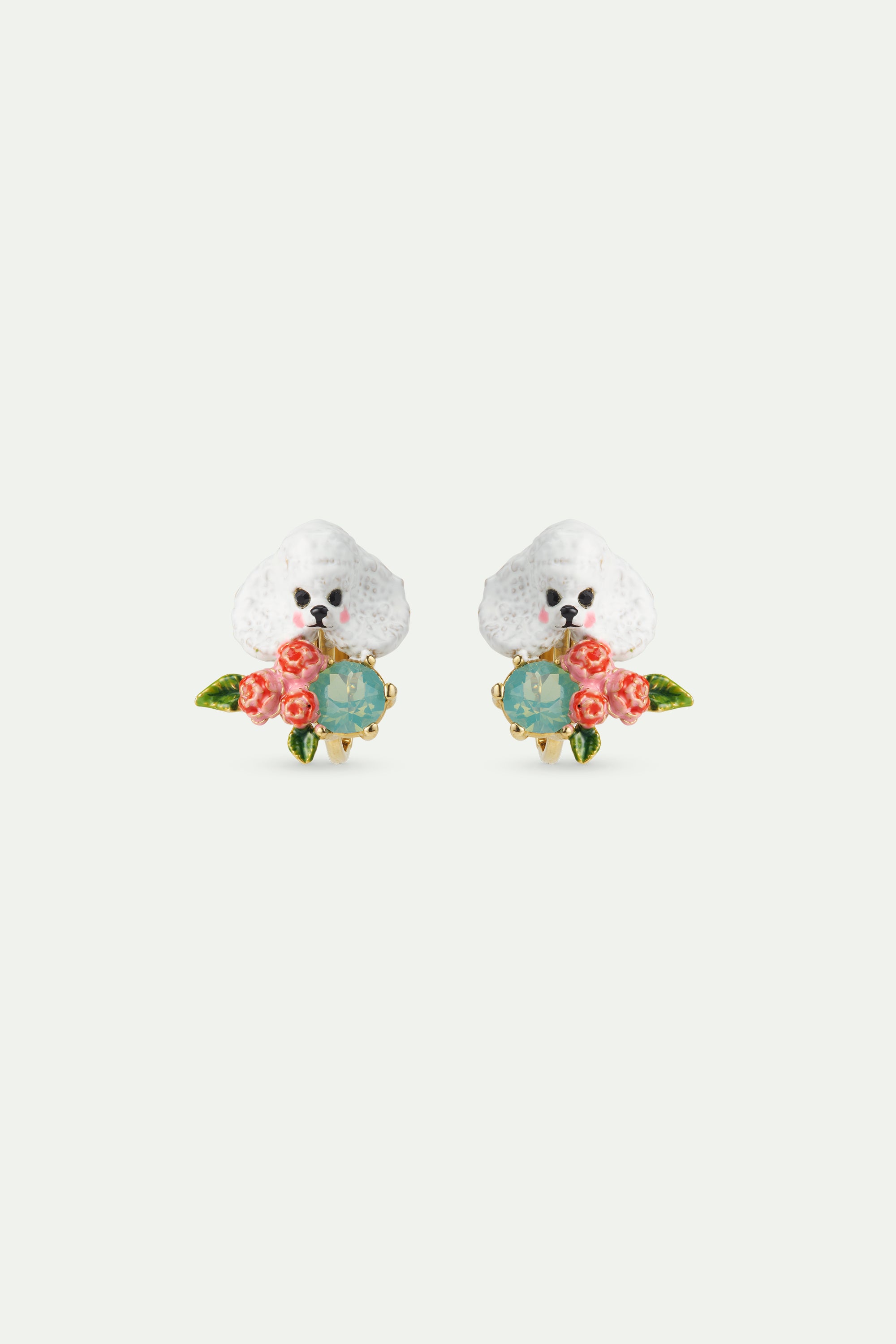 Boucles d'oreilles caniche, fleurs roses et pierre bleue