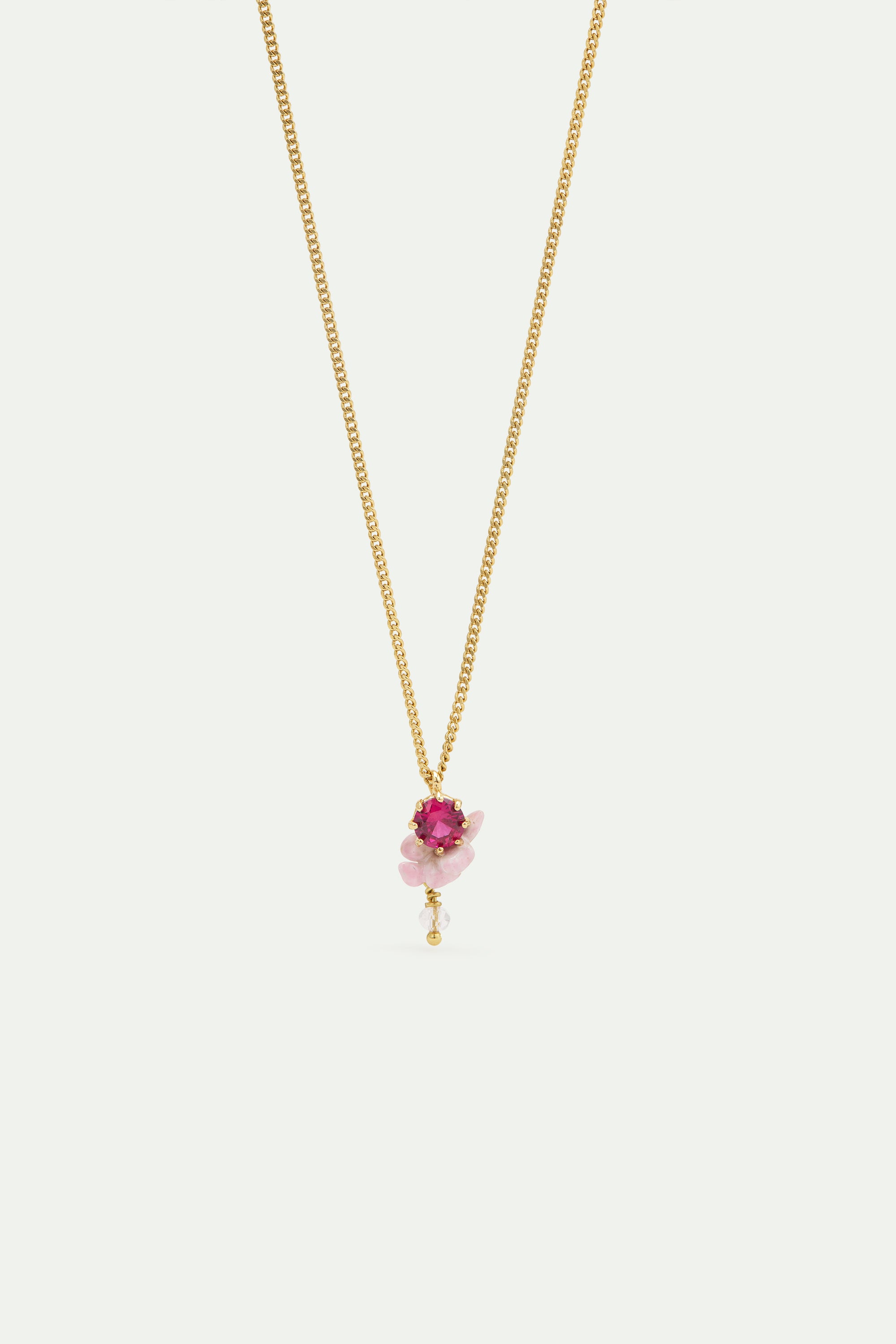 Collier pendentif verre taillé, glycine rose et perle de cristal facetté blanche