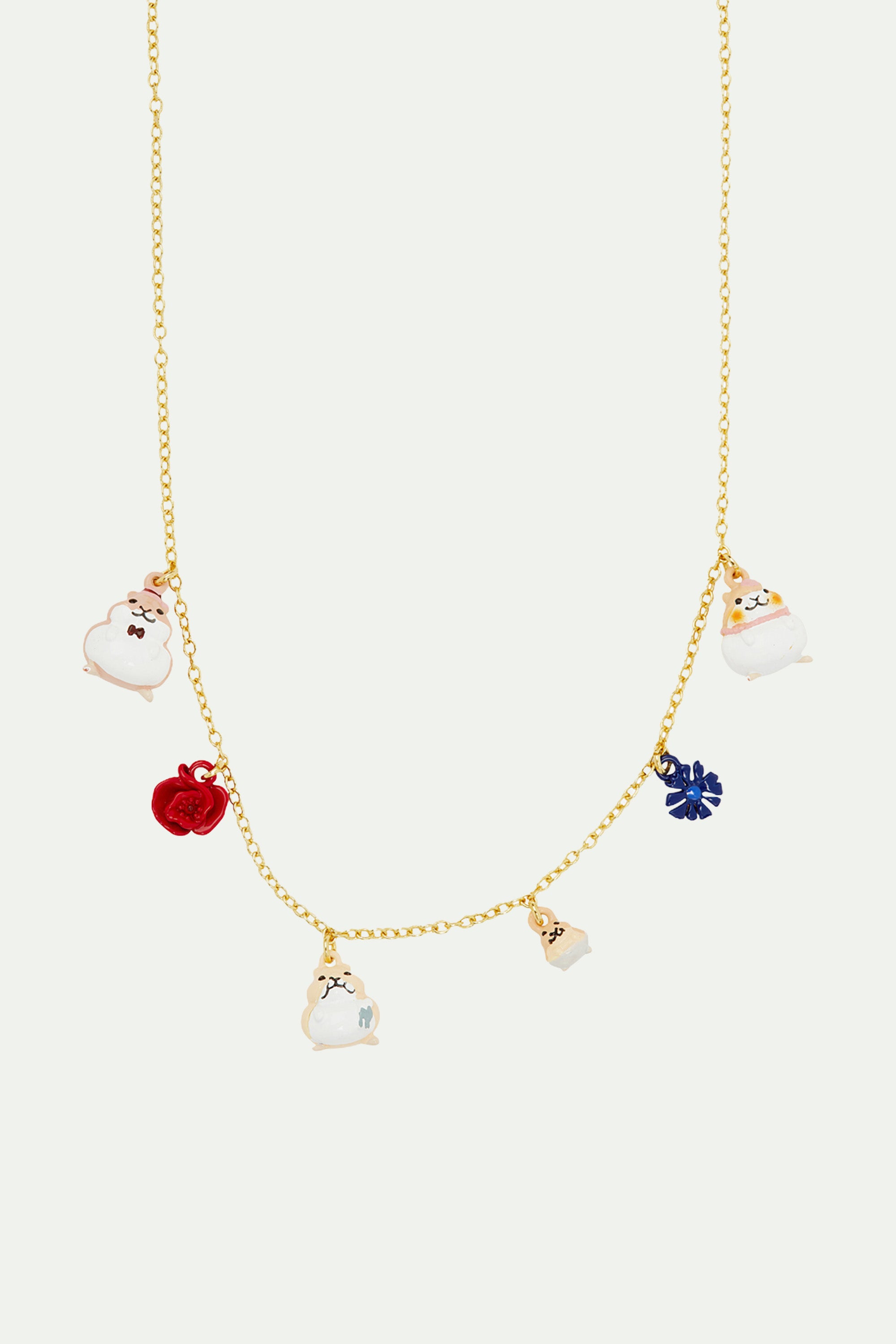 Collier charms famille d'hamsters et fleurs