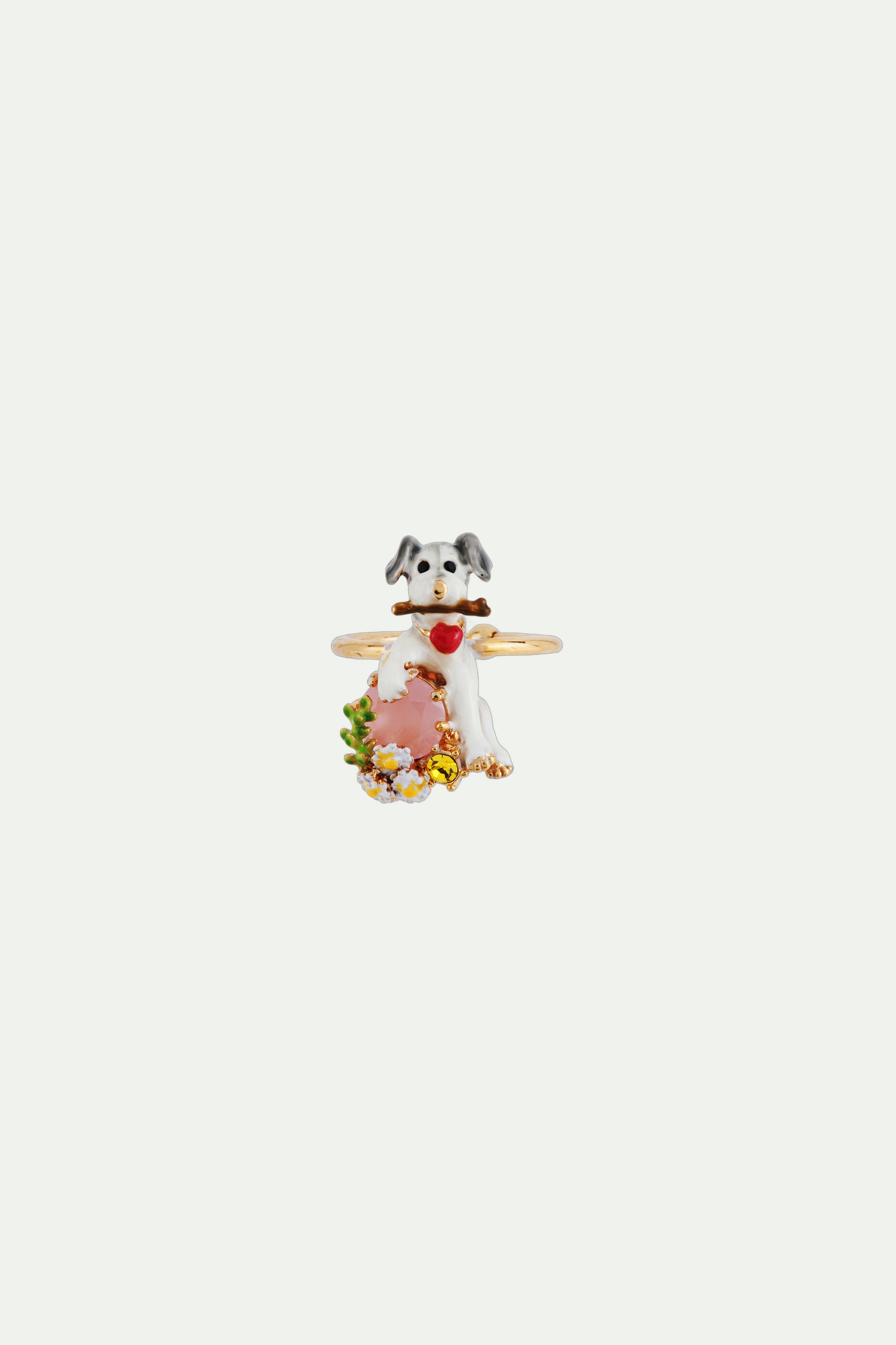 Adjustable Ring LES NEREIDES LOVES ANIMALS Grey dog & pink stone DOG